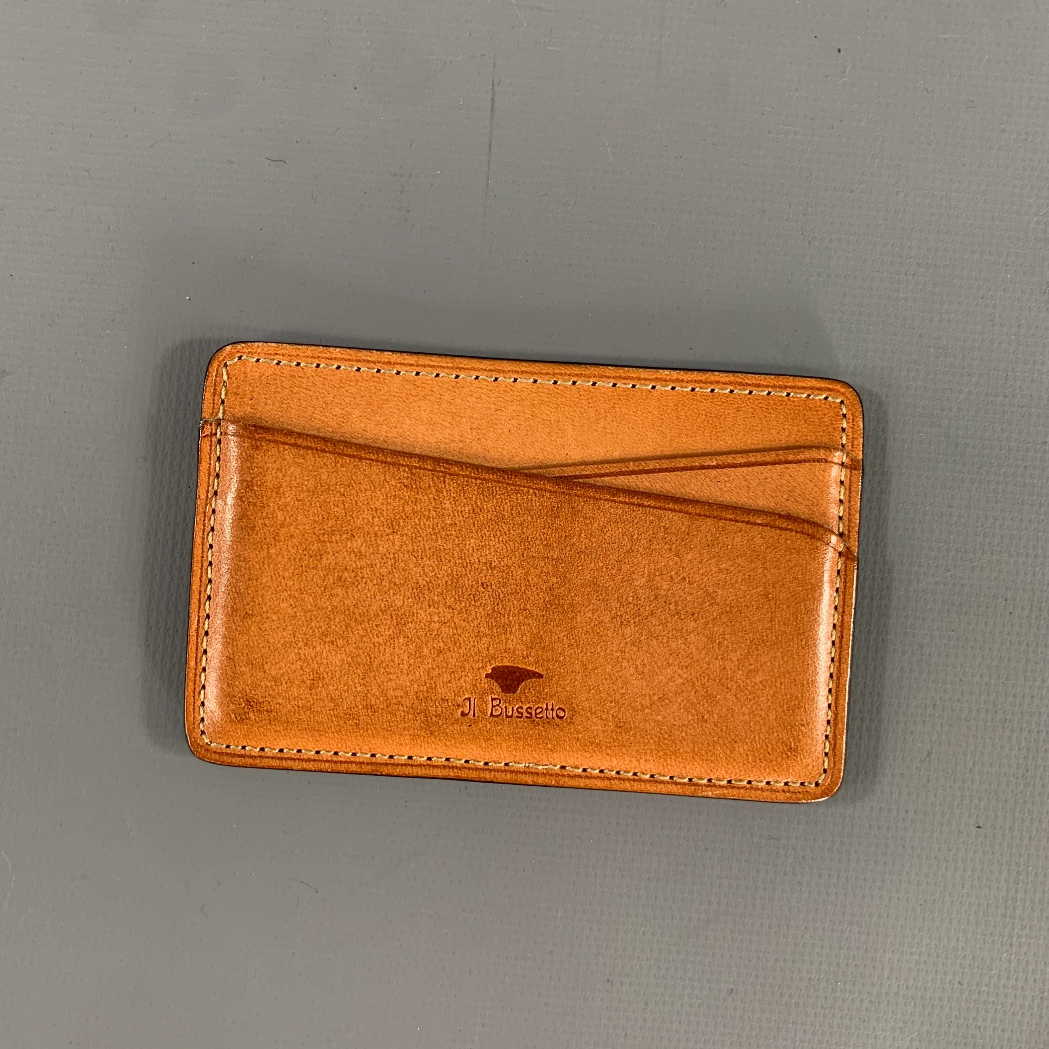 JL BUSSETTO Burgundy Camel Contrast Stitch Card Case