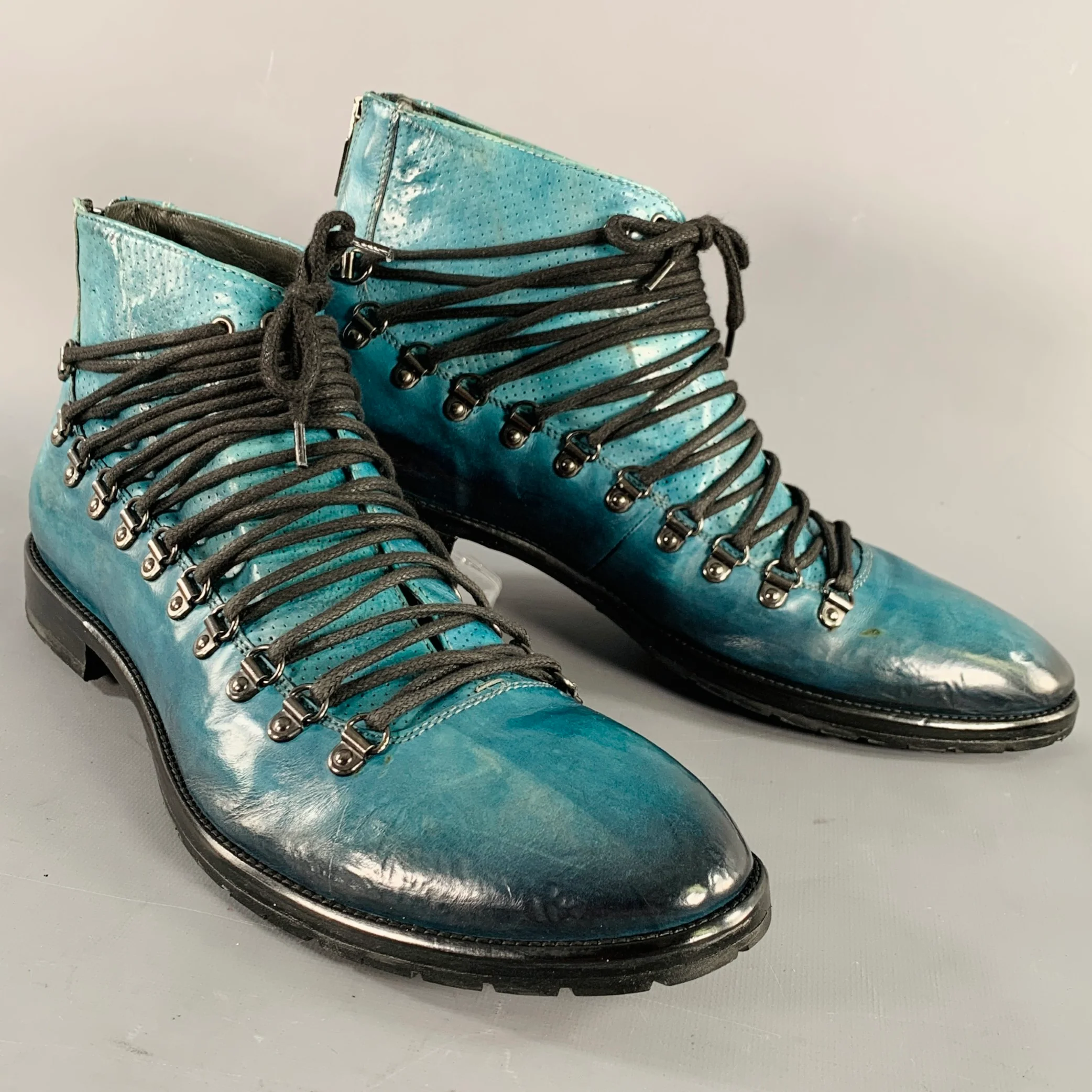 Jo GHOST Size 10 Blue Black Perforated Leather Lace-Up Boots