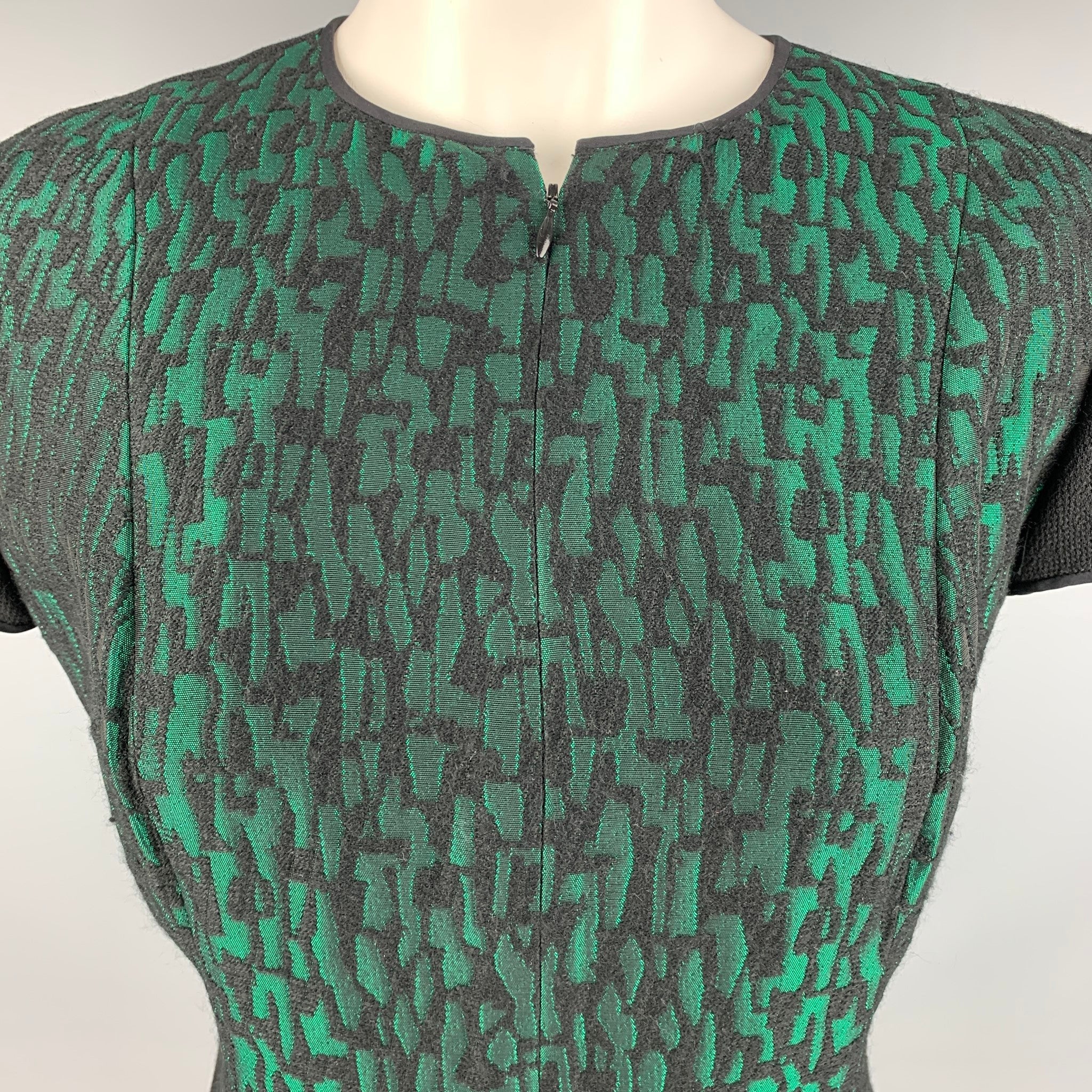 JOANNA MASTROIANNI Size 8 Black Green Jacquard Short Sleeve Below Knee Dress - Image 2