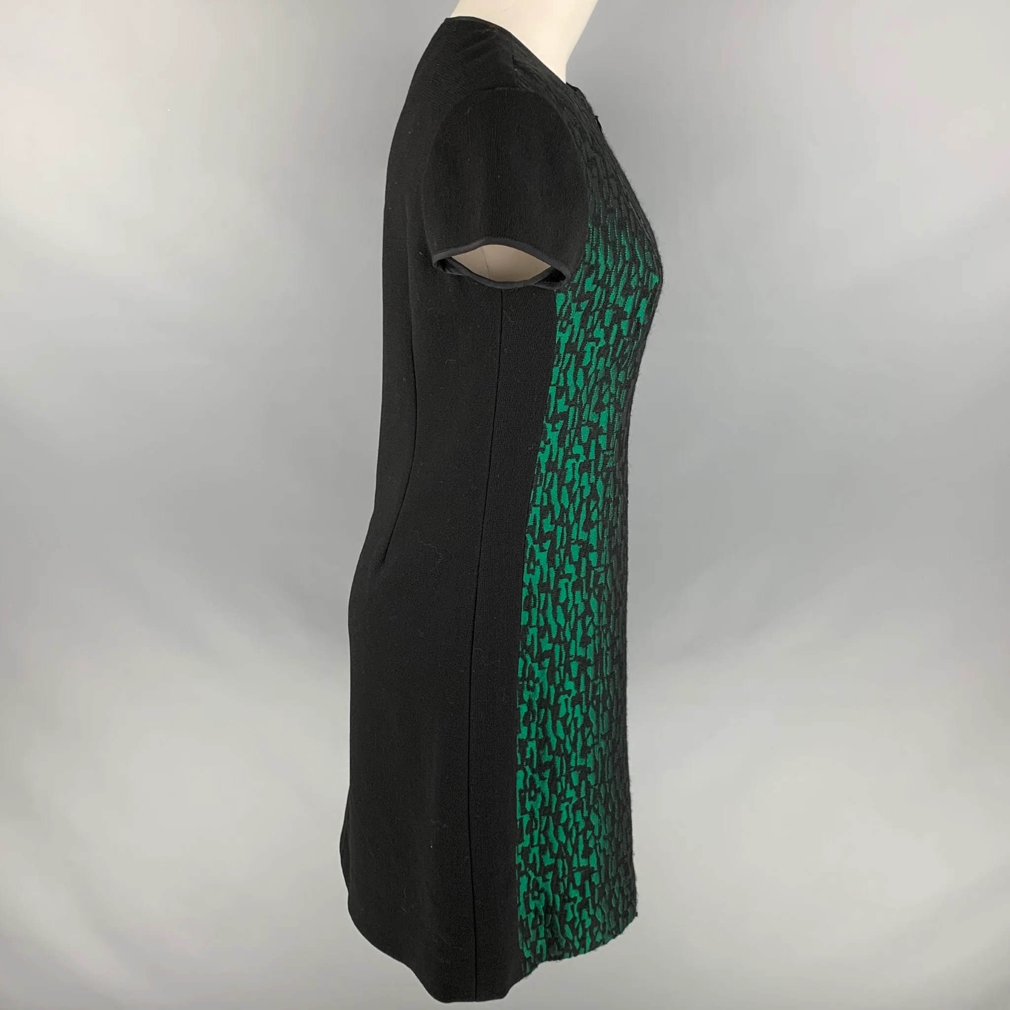 JOANNA MASTROIANNI Size 8 Black Green Jacquard Short Sleeve Below Knee Dress - Image 3