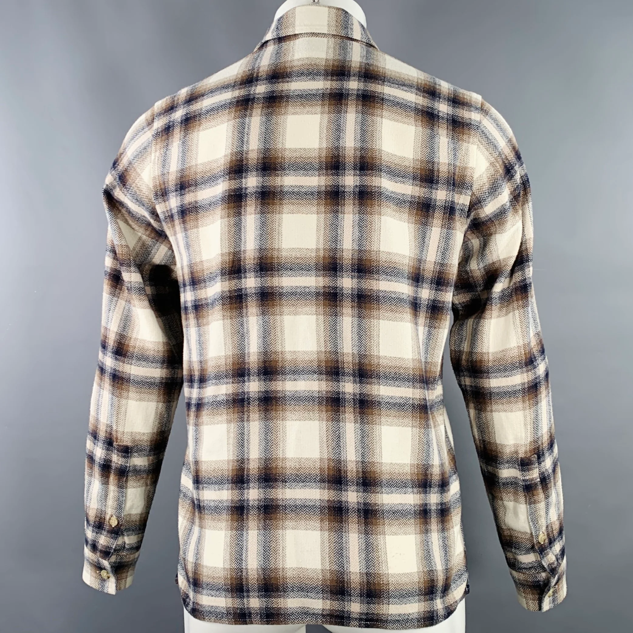 JOHN ELLIOTT Size S Beige Blue Brown Plaid Cotton One Pocket Long Sleeve Shirt - Image 3