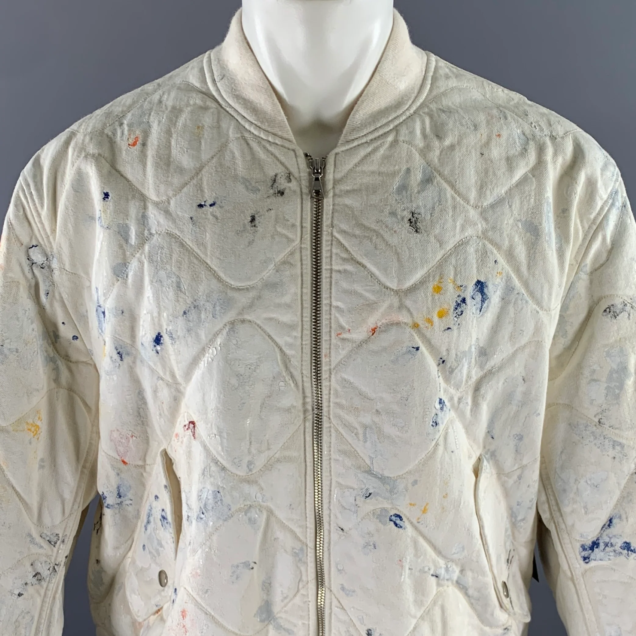 JOHN ELLIOTT Size XL White Navy Paint Splatter Cotton Bomber Jacket - Image 2
