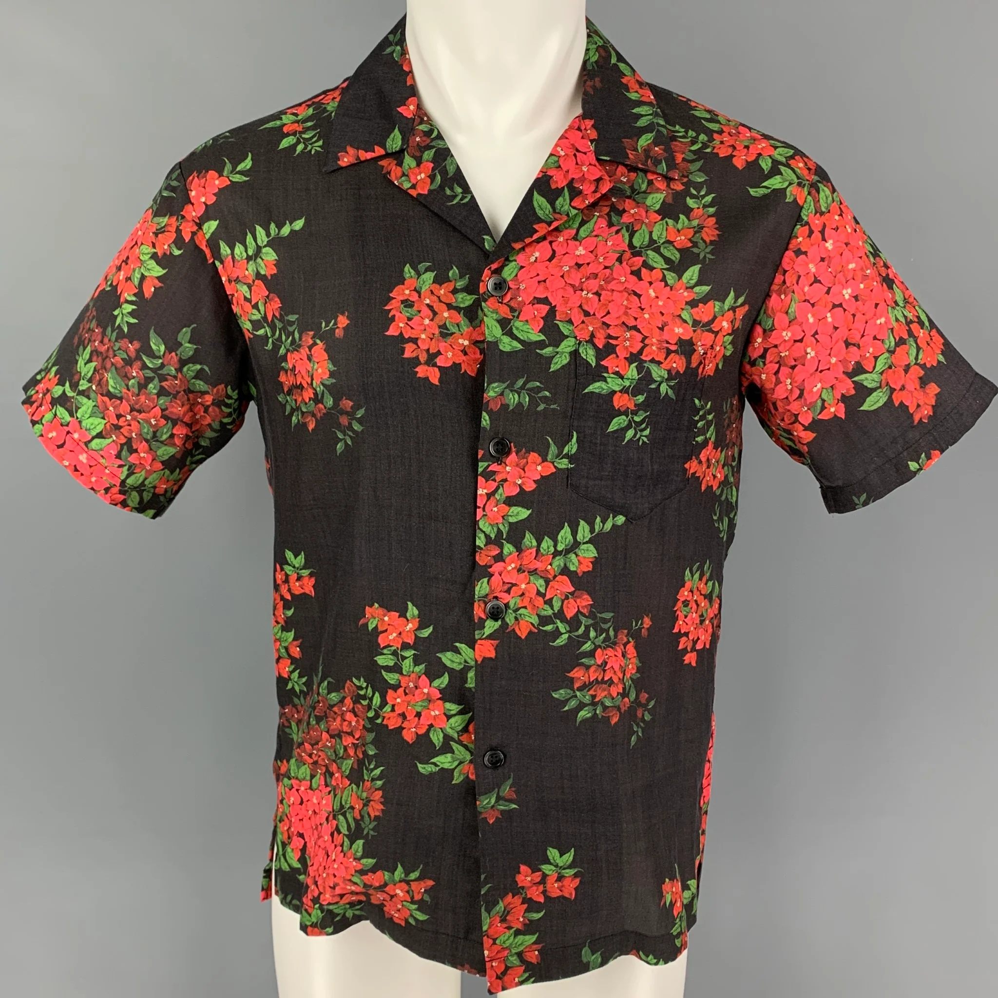 JOHN ELLIOTT SS19 Size S Black Red Floral Print Lyocell Camp Short Sleeve Shirt
