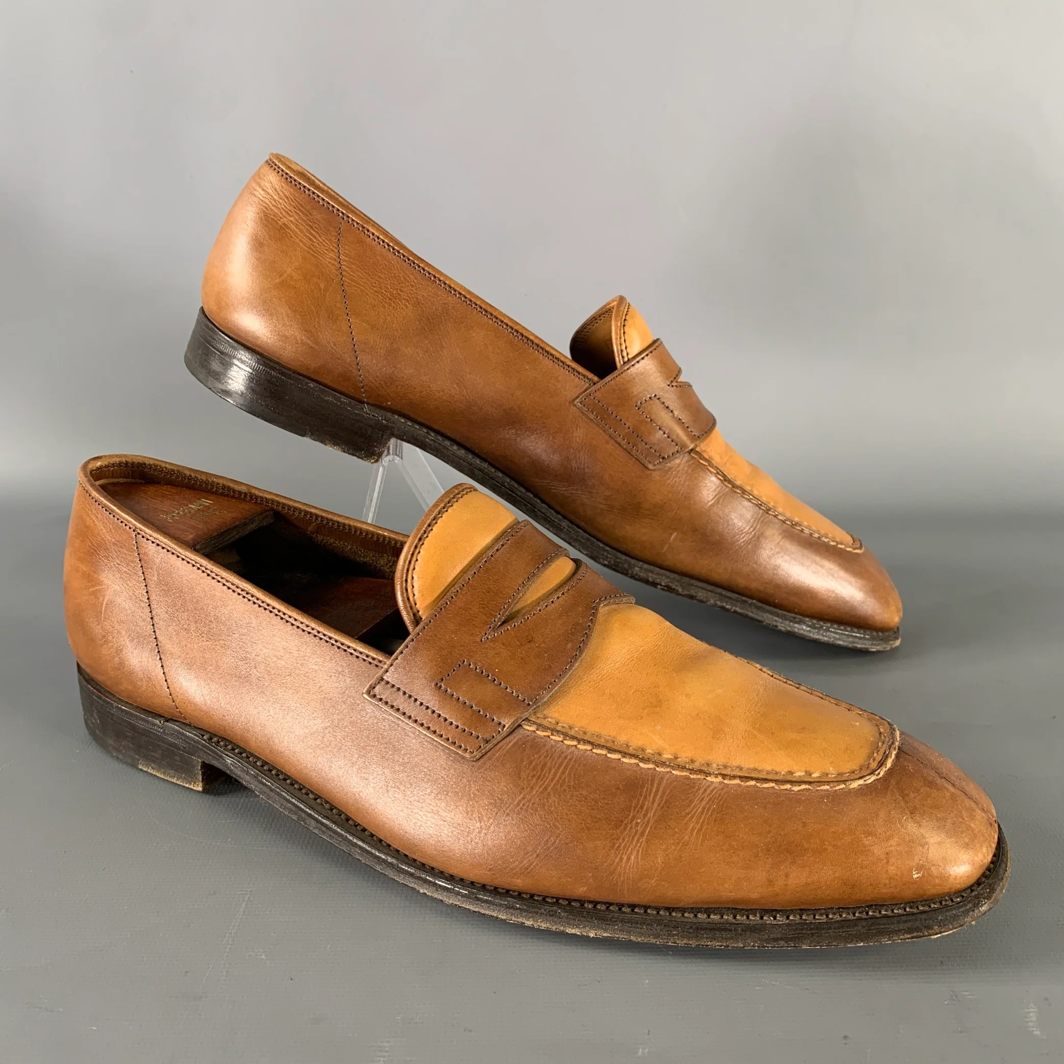 JOHN LOBB Size 9.5 Tan Brown Color Block Leather Penny Loafers