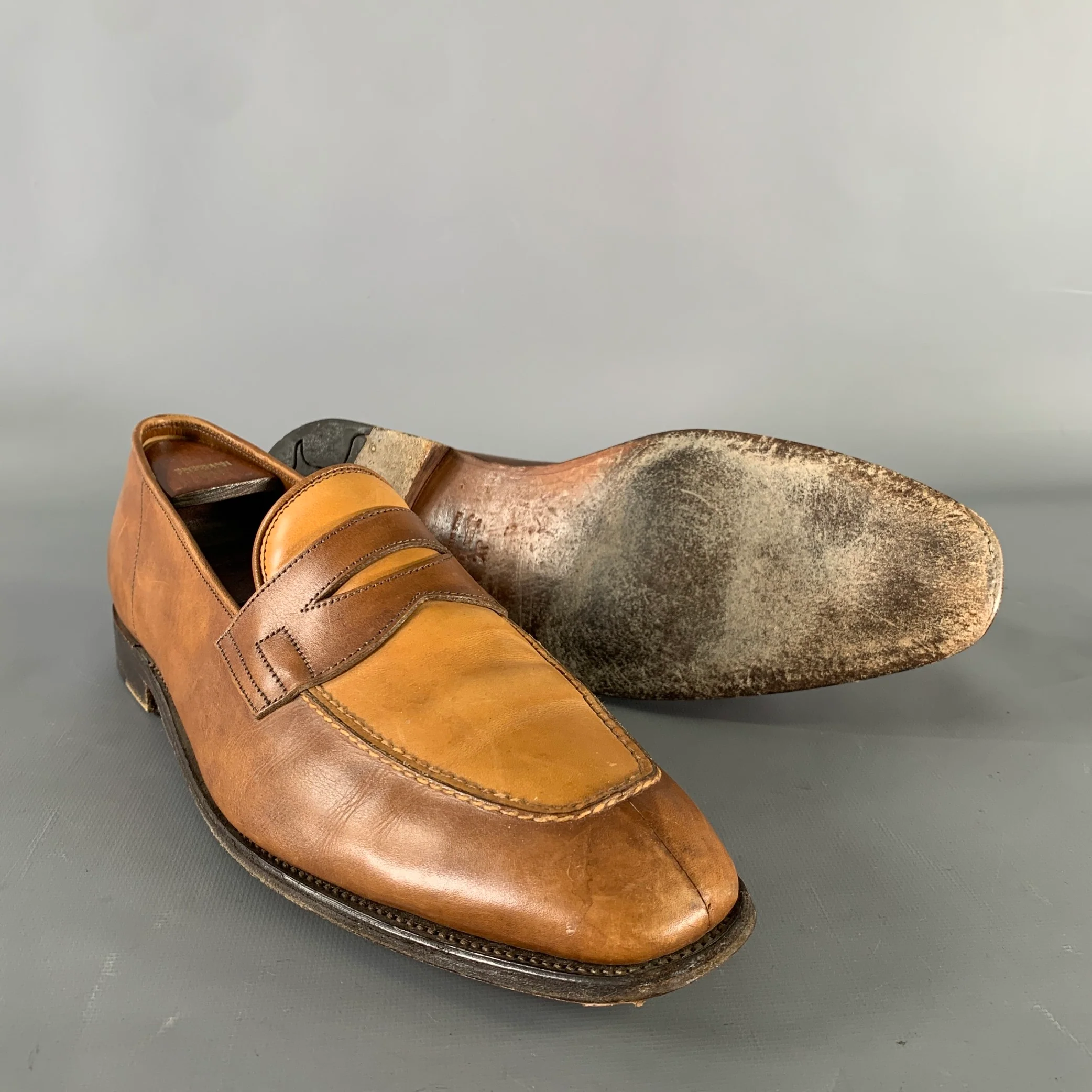 JOHN LOBB Size 9.5 Tan Brown Color Block Leather Penny Loafers - Image 5