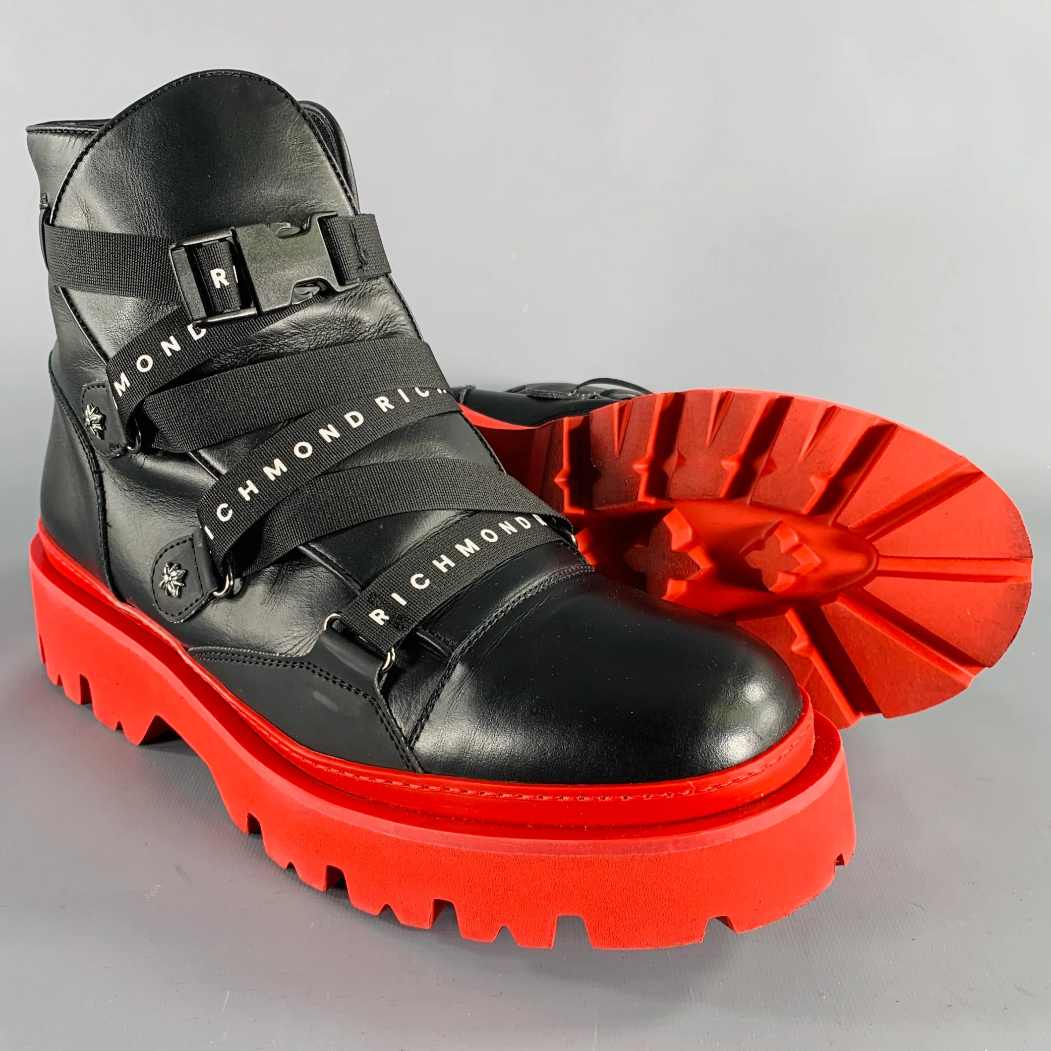 JOHN RICHMOND Size 13 Black Red Solid Leather Track Sole Boots - Image 5
