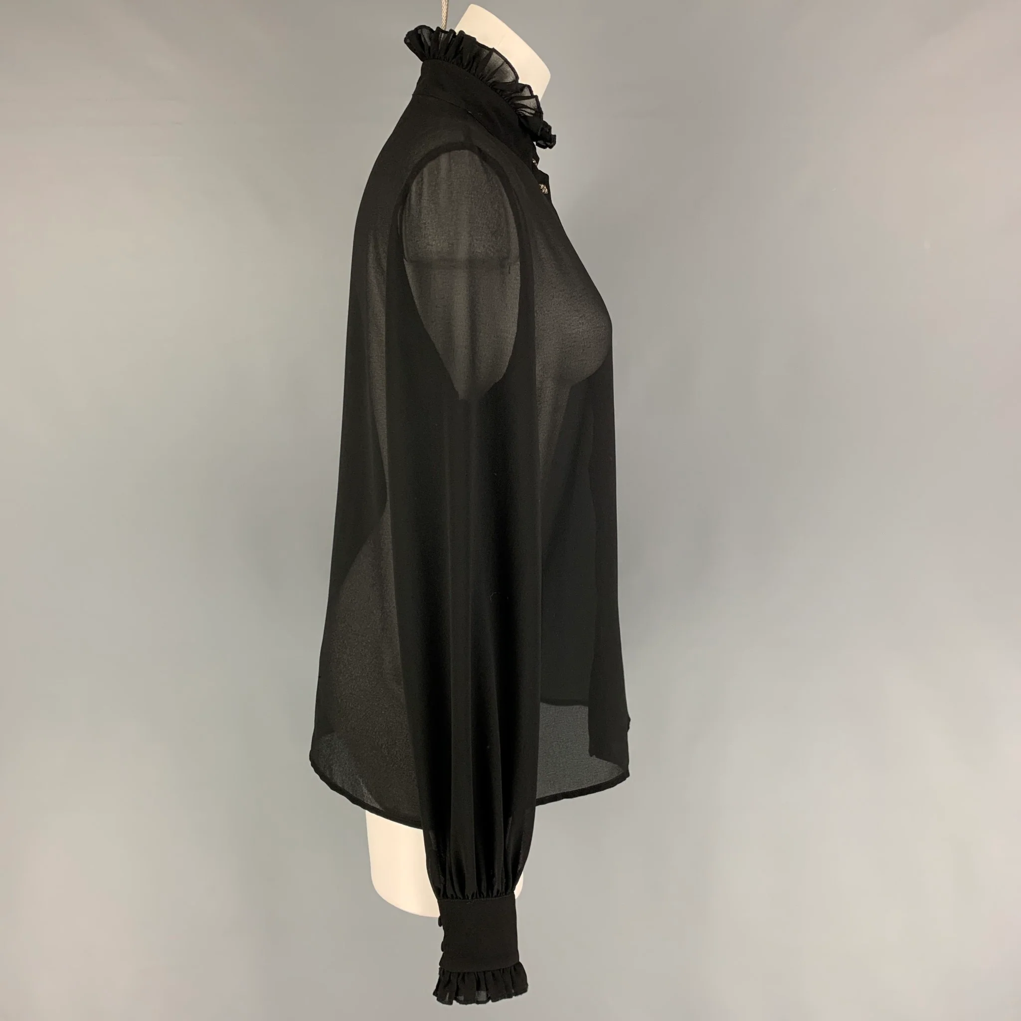 JOHN RICHMOND Size 6 Black Polyester Ruffled High Collar Blouse - Image 2