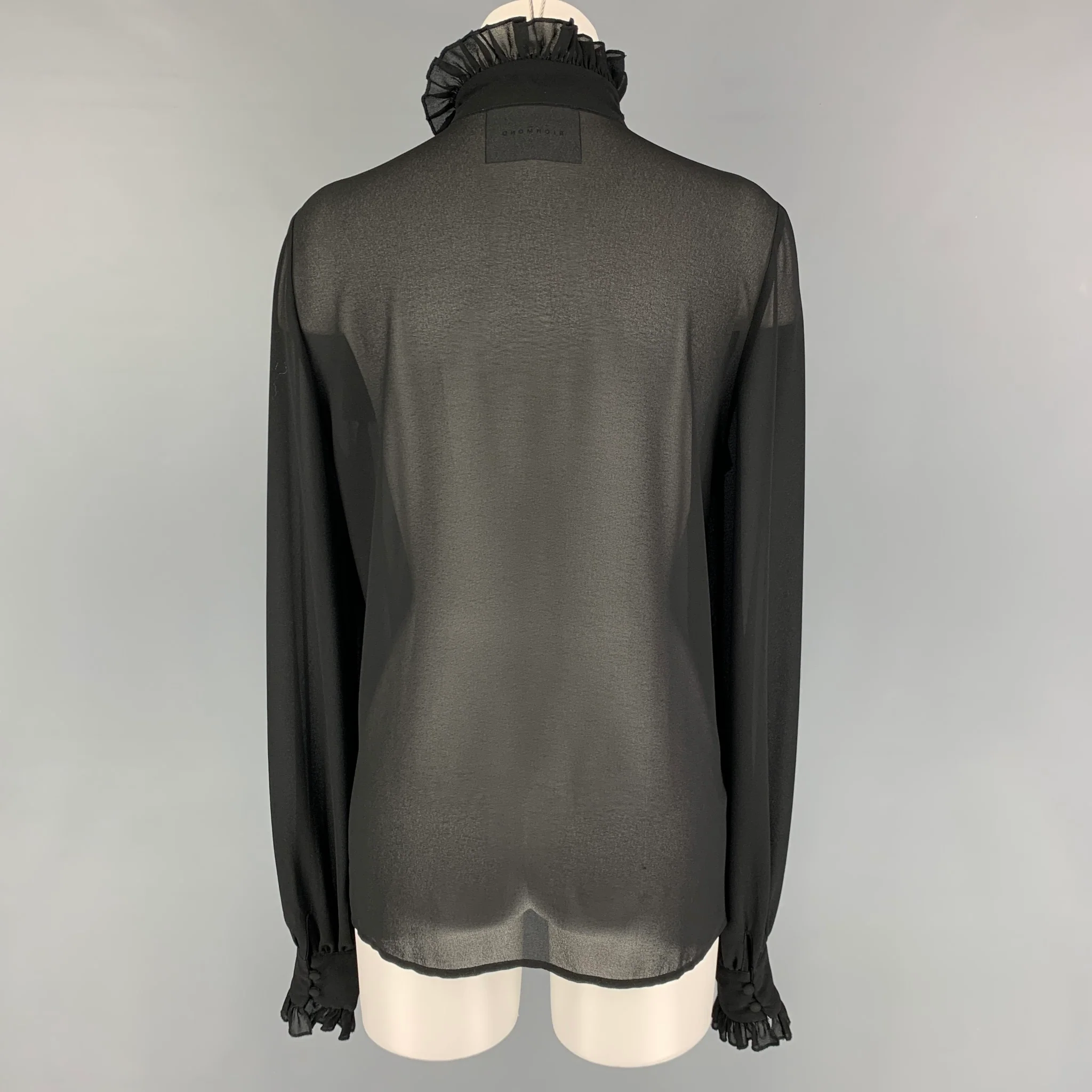 JOHN RICHMOND Size 6 Black Polyester Ruffled High Collar Blouse - Image 3