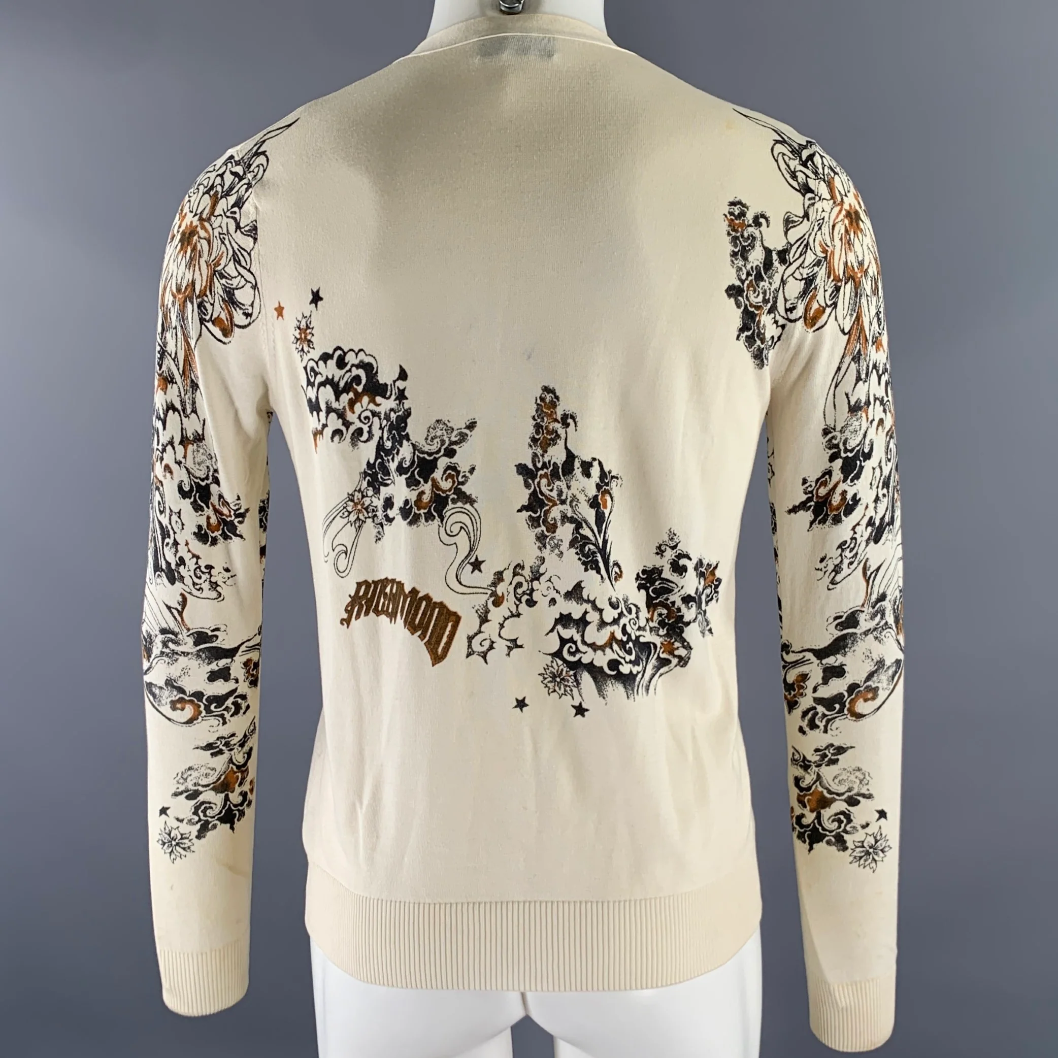 JOHN RICHMOND Size S Cream Tan Dragon Print Cotton Silk Cardigan - Image 4