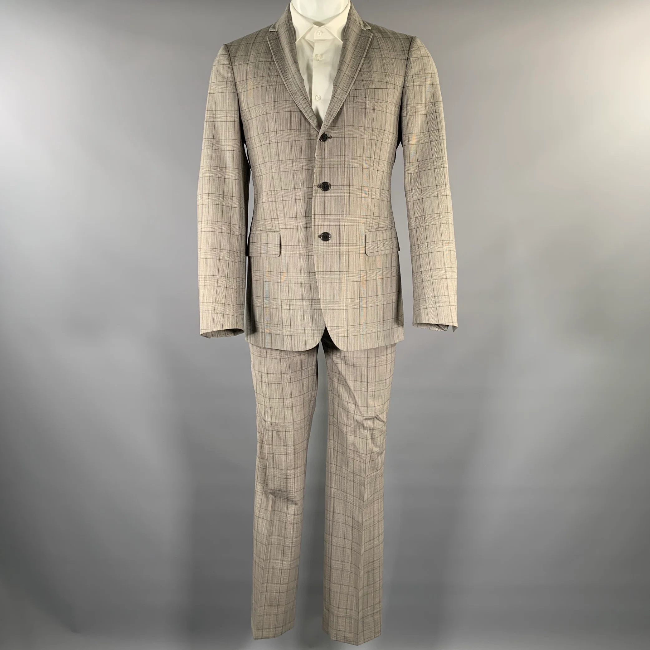 JOHN VARVATOS Size 38 Grey Plaid Wool Blend Notch Lapel Suit - Image 2
