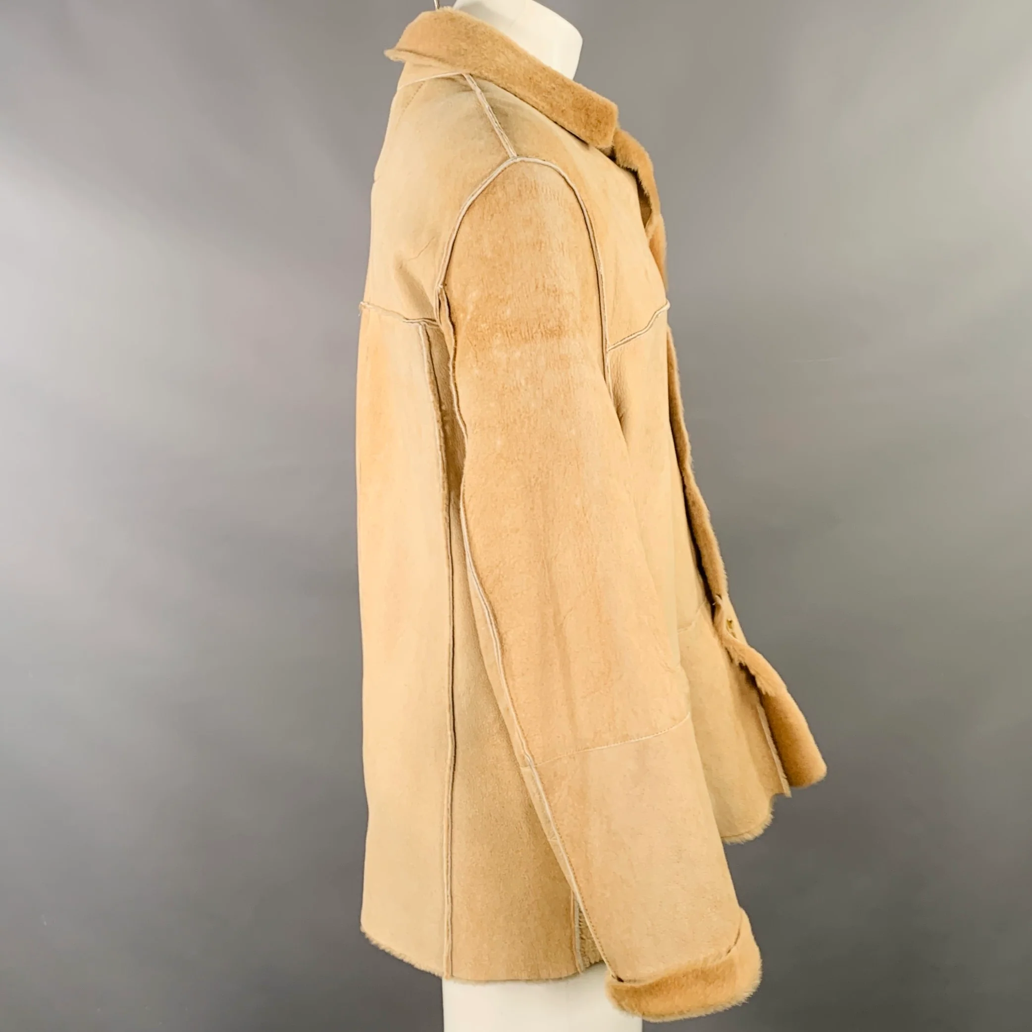 JOHN VARVATOS Size 40 Beige Leather Shearling Button Up Coat - Image 3