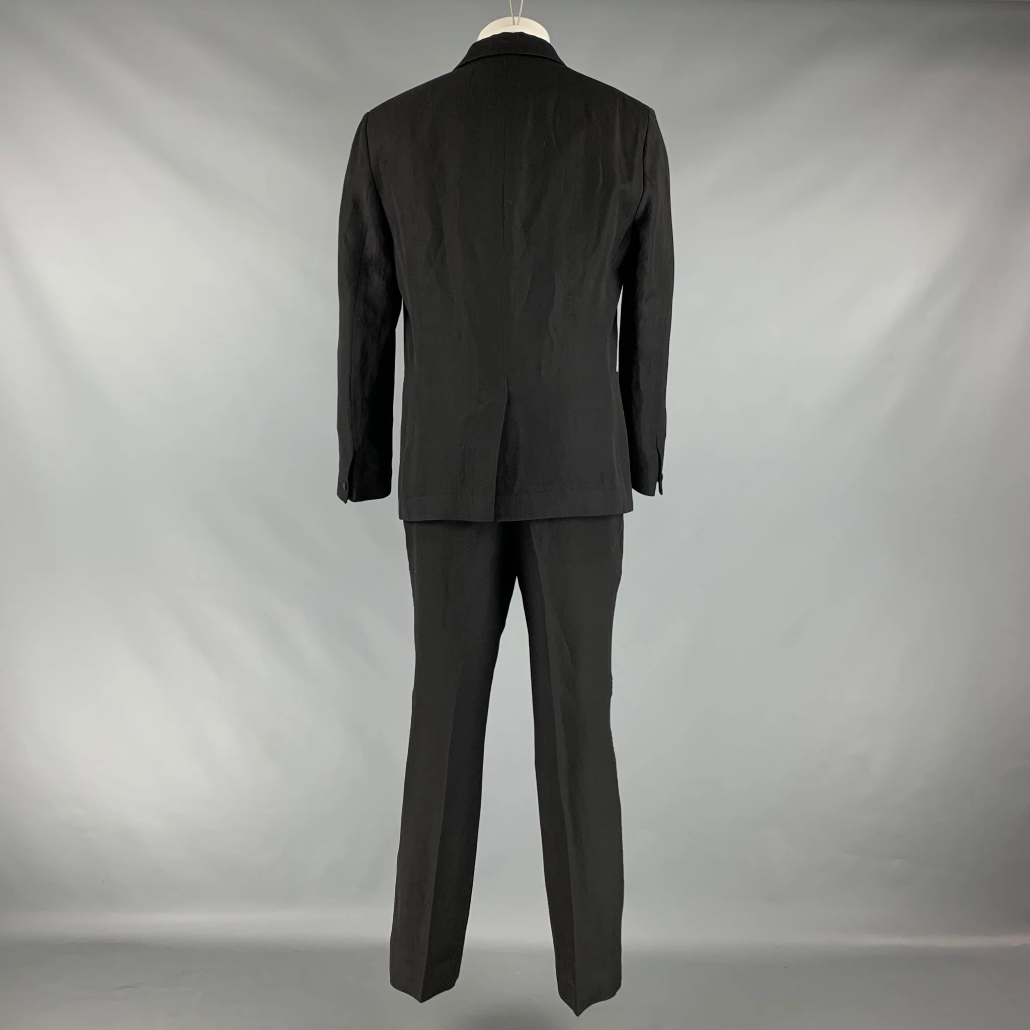 JOHN VARVATOS Size 40 Black Solid Linen Wool Peak Lapel Tuxedo - Image 4
