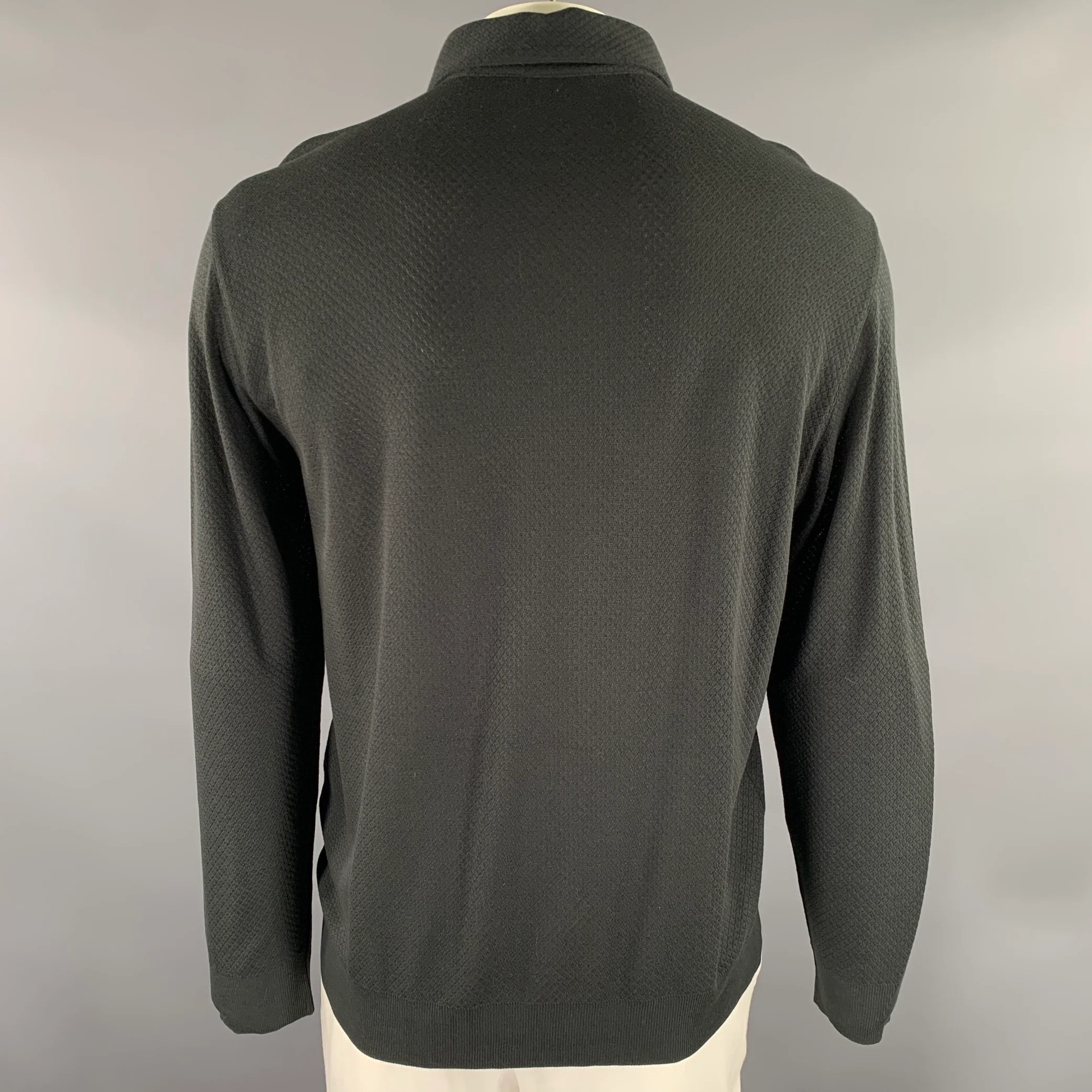 JOHN VARVATOS Size L Black Geometric Lyocel Cotton Long Sleeve Polo - Image 3