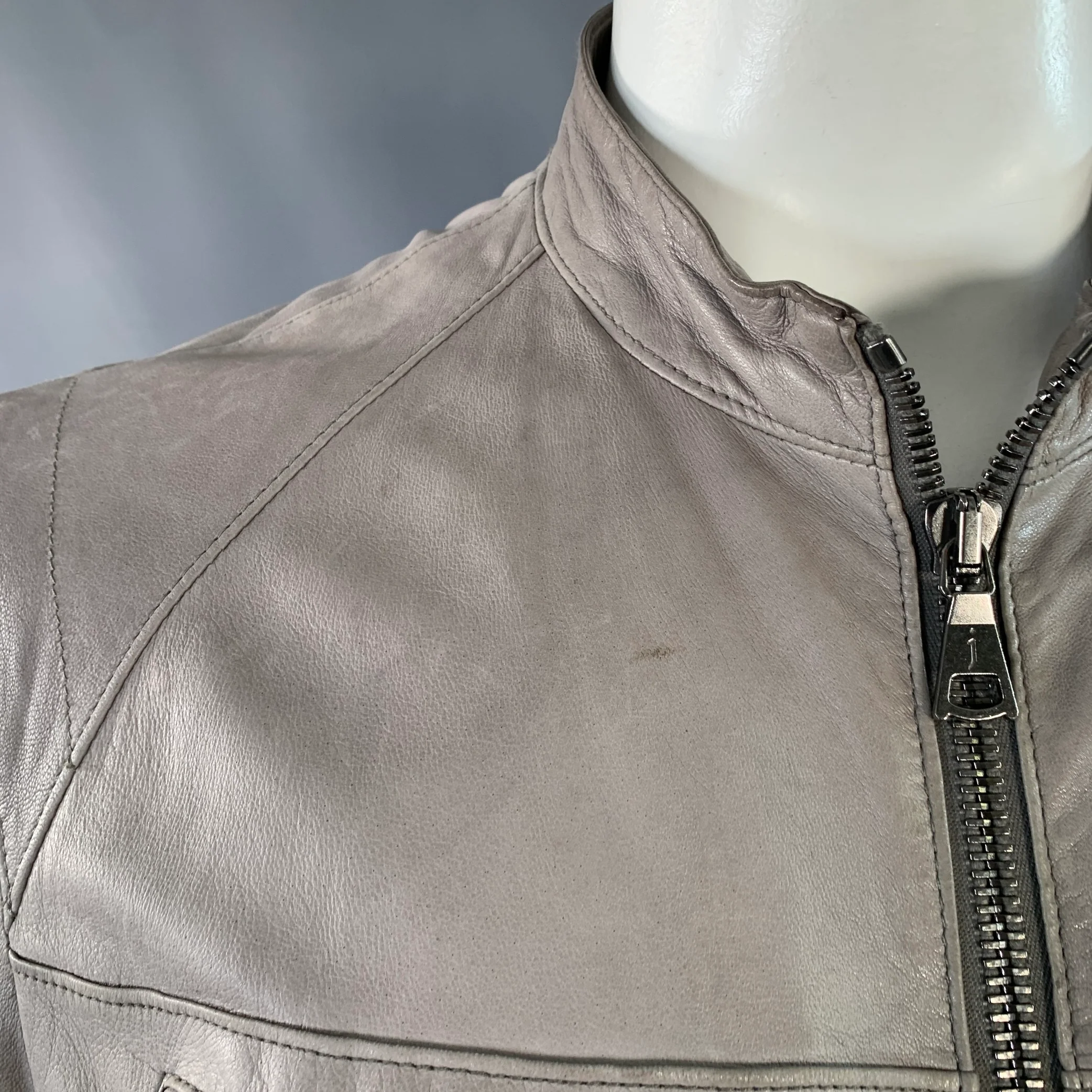 JOHN VARVATOS Size L Grey Leather Zip Up Moto Racer Jacket - Image 10