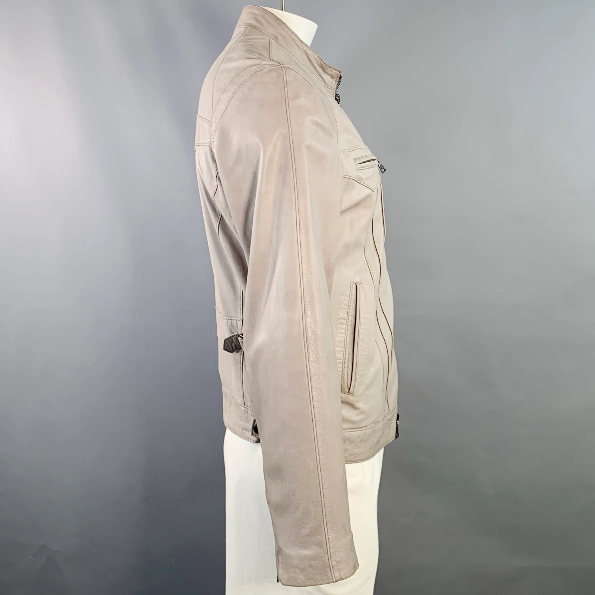JOHN VARVATOS Size L Grey Leather Zip Up Moto Racer Jacket - Image 2