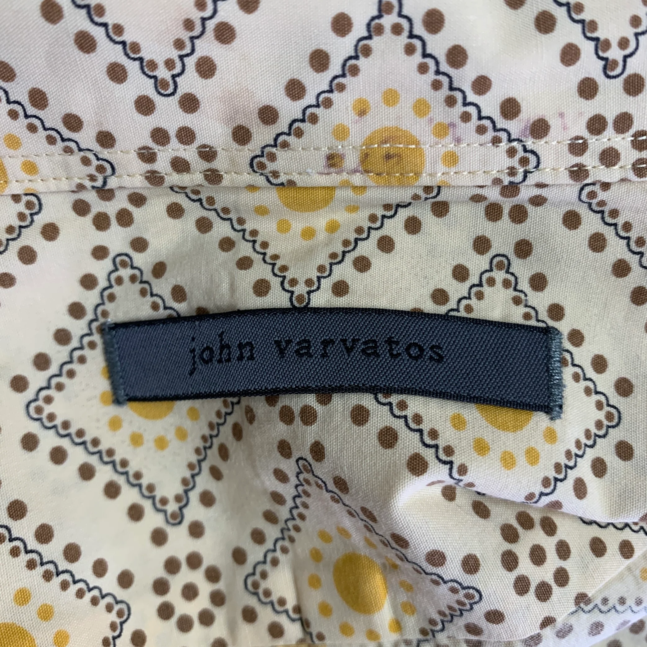 JOHN VARVATOS Size L Yellow Brown Abstract Dots Print Cotton Long Sleeve Shirt - Image 5