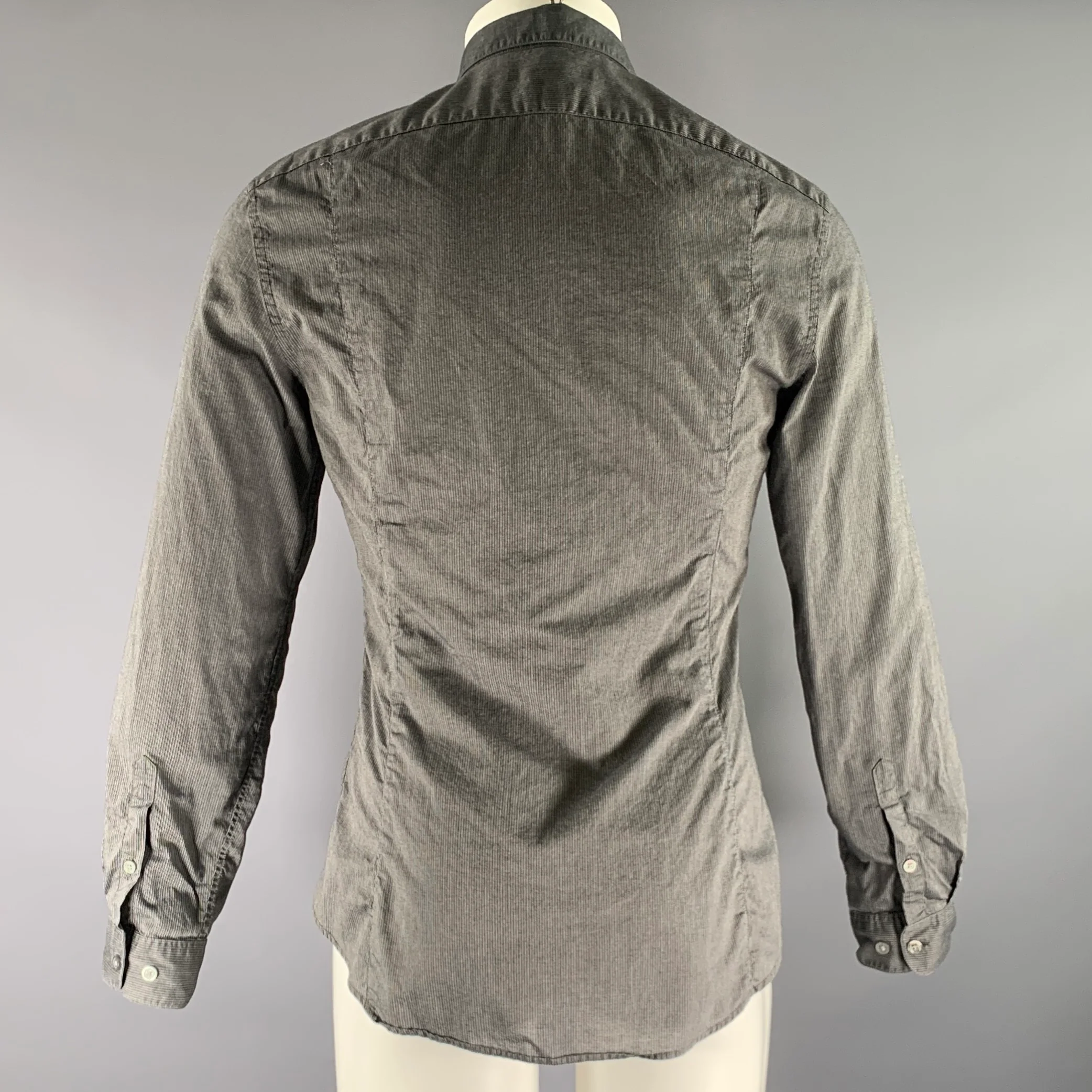 JOHN VARVATOS Size M Grey Black Stripe Cotton Pointed Collar Long Sleeve Shirt - Image 3