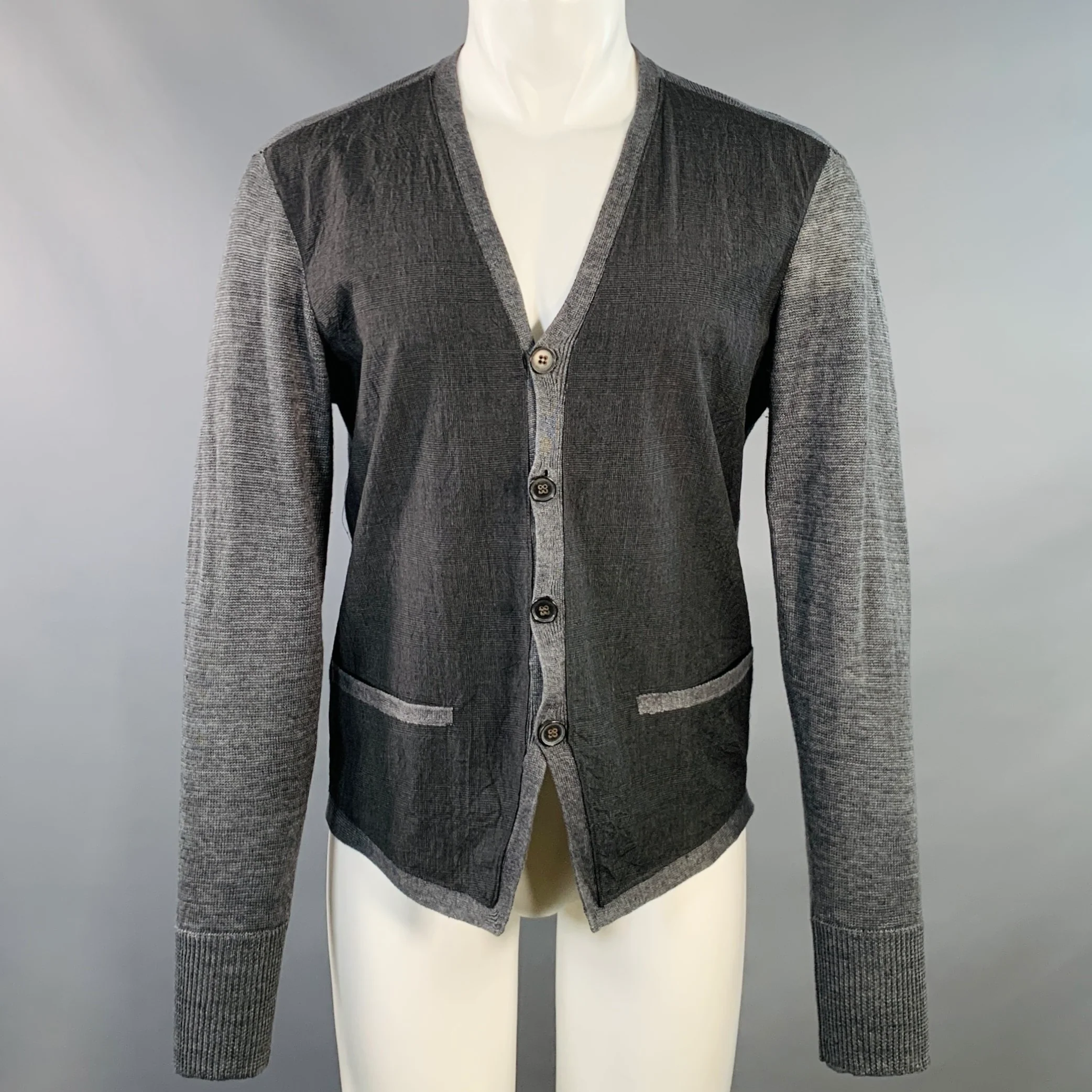 JOHN VARVATOS Size M Grey Slate Glenplaid Linen Two Pockets Cardigan