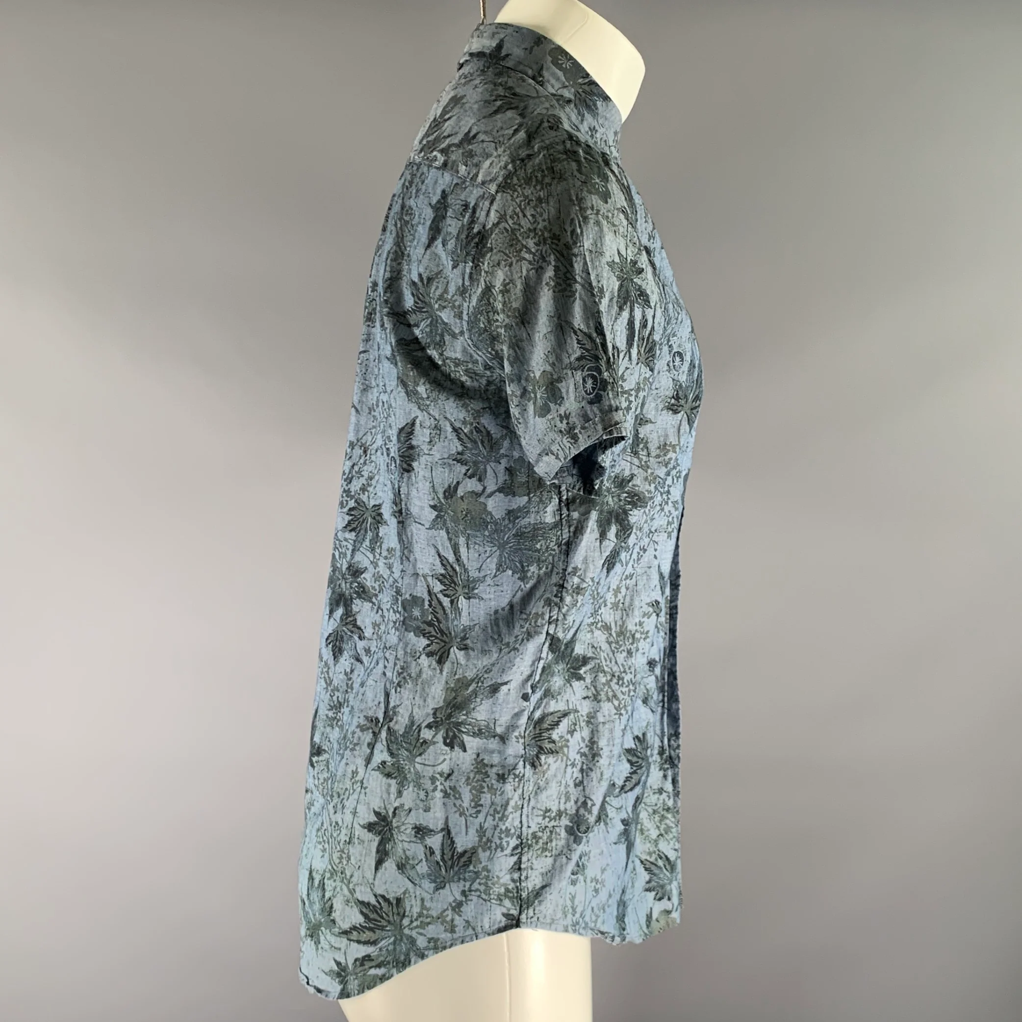JOHN VARVATOS Size S Blue Black & Olive Floral Cotton Short Sleeve Shirt - Image 2