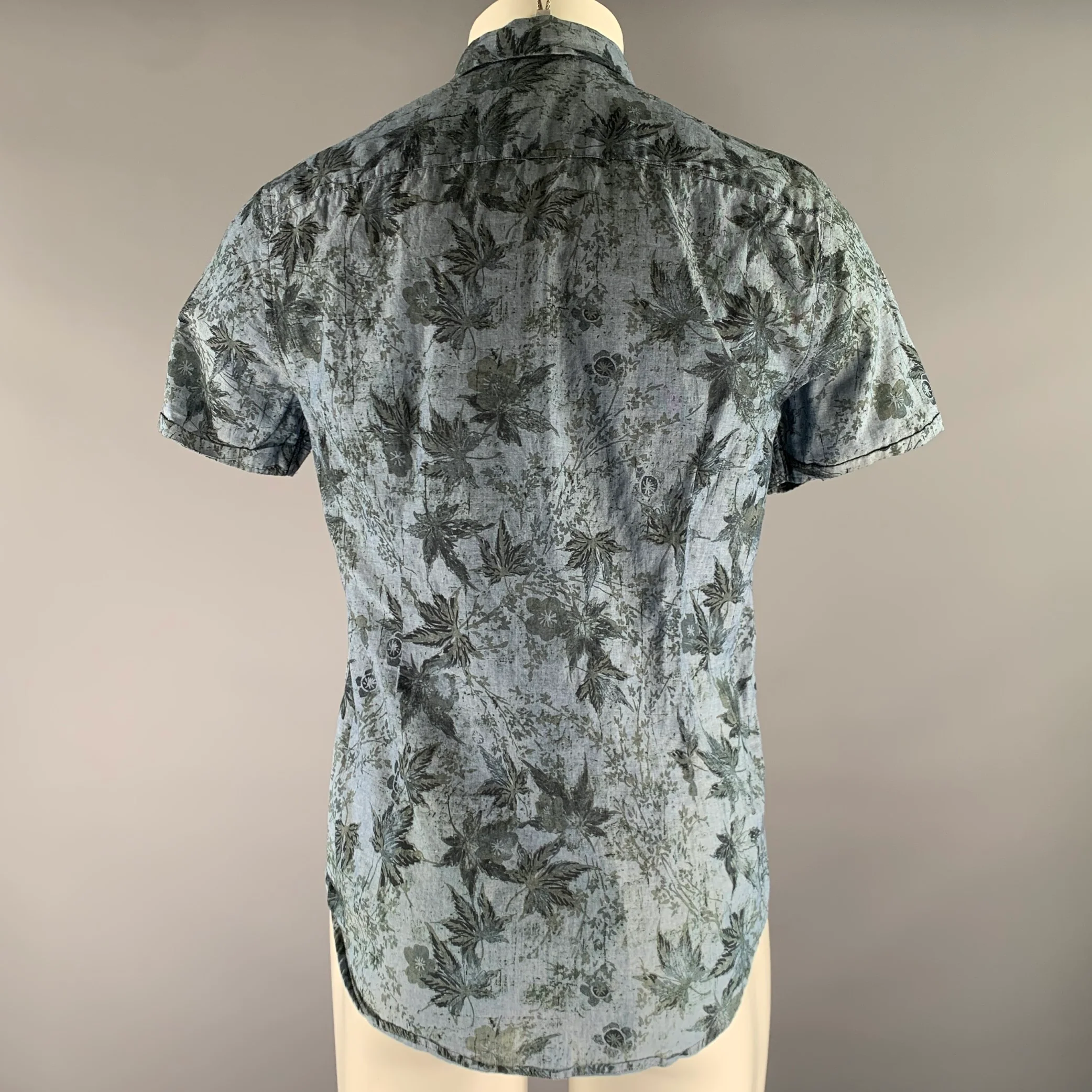 JOHN VARVATOS Size S Blue Black & Olive Floral Cotton Short Sleeve Shirt - Image 3