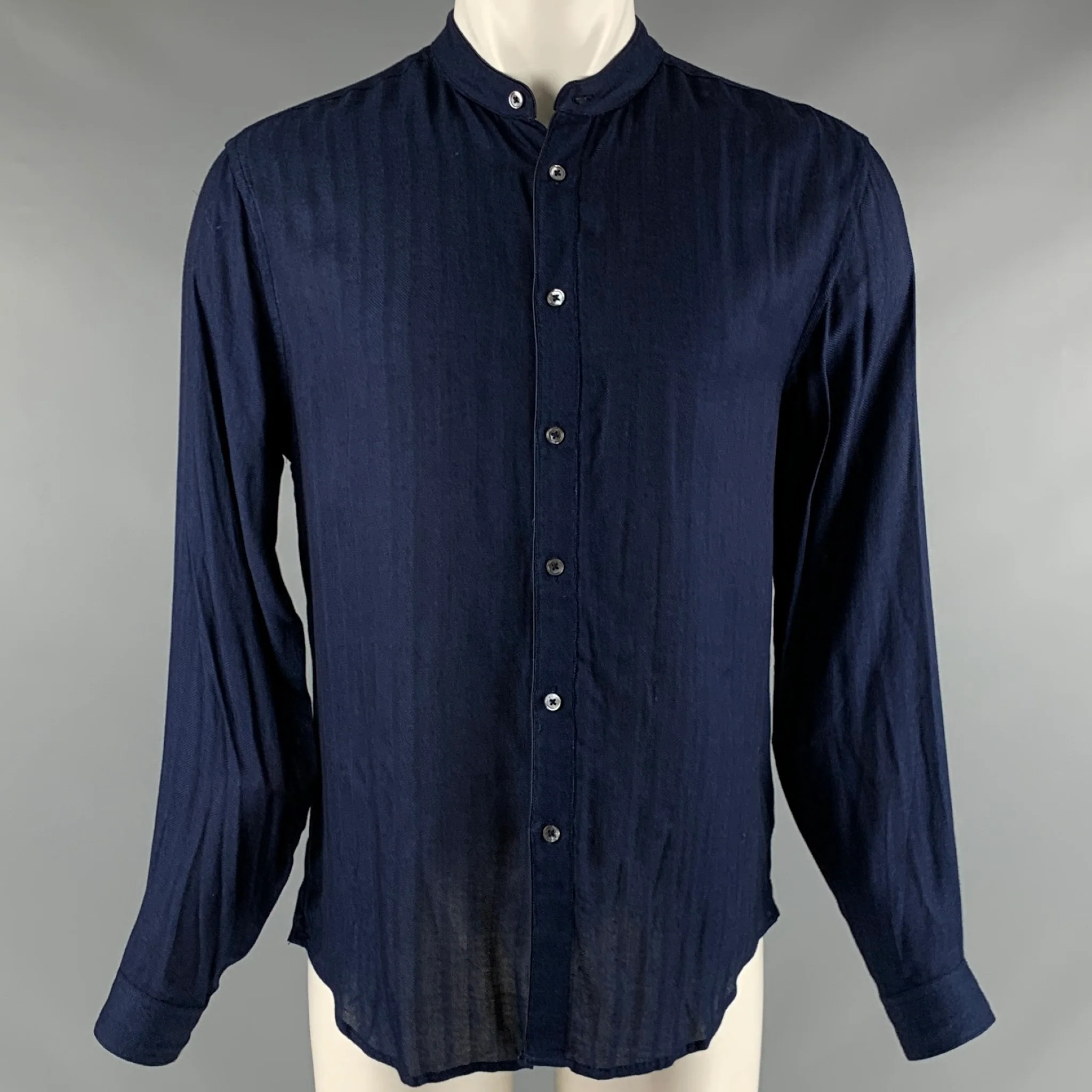 JOHN VARVATOS Size S Blue Navy Textured Viscose Nehru Collar Long Sleeve Shirt