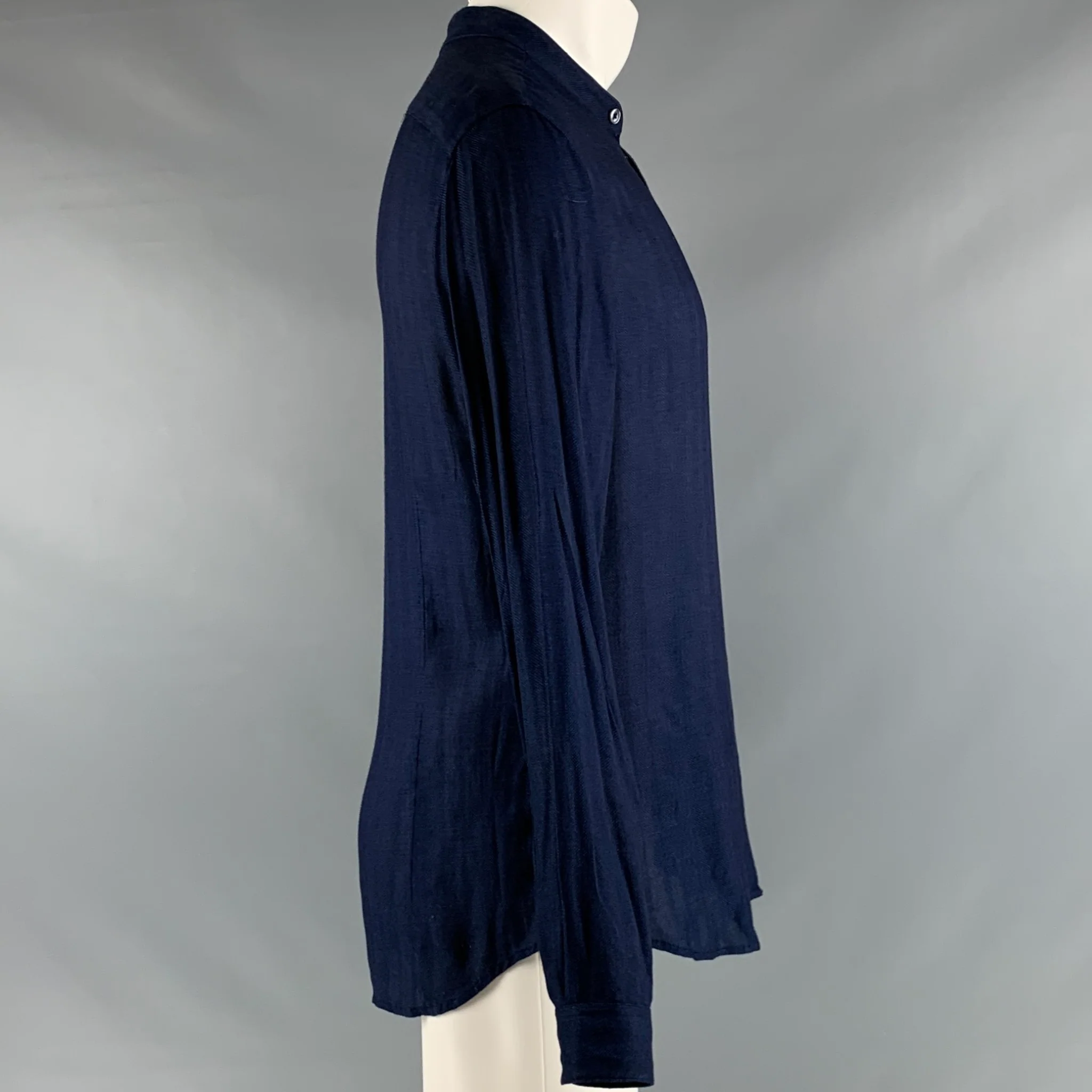 JOHN VARVATOS Size S Blue Navy Textured Viscose Nehru Collar Long Sleeve Shirt - Image 3