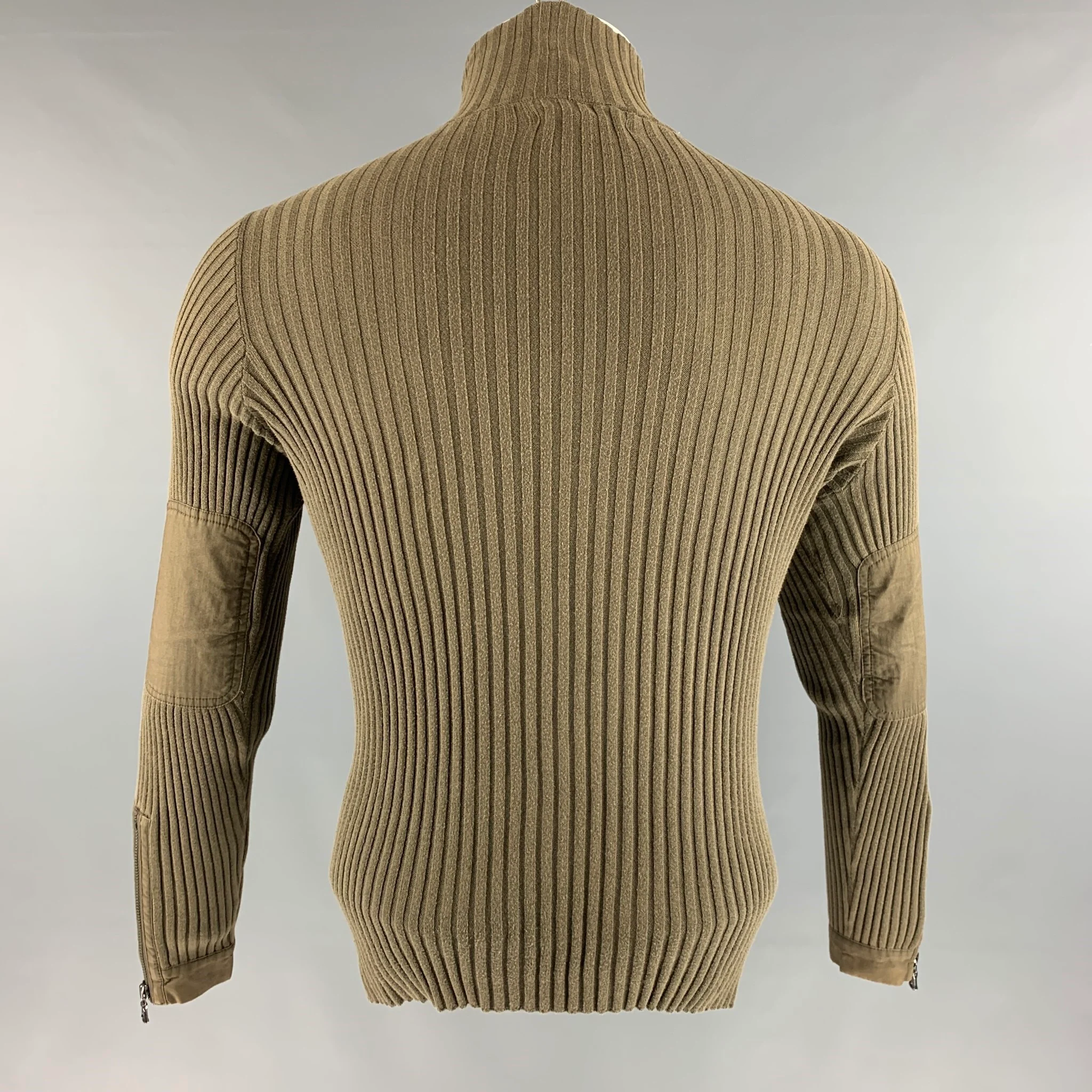 JOHN VARVATOS Size XS Green Olive Ribbed Cotton Elbow Patches Cardigan - Image 3