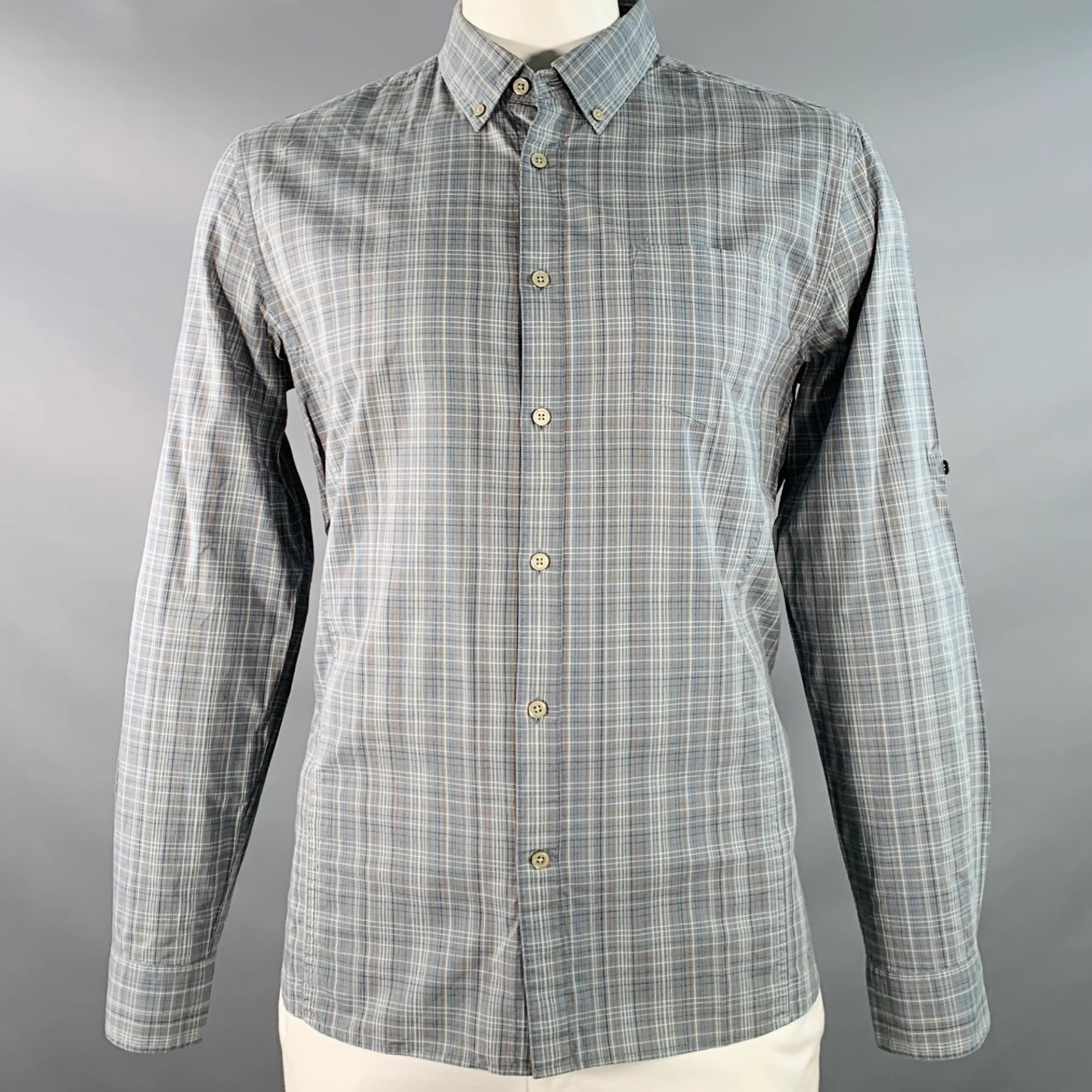 JOHN VARVATOS * U.S.A. Size L Blue Brown White Plaid Cotton Button Down Collar Roll Tab Long Sleeve Shirt