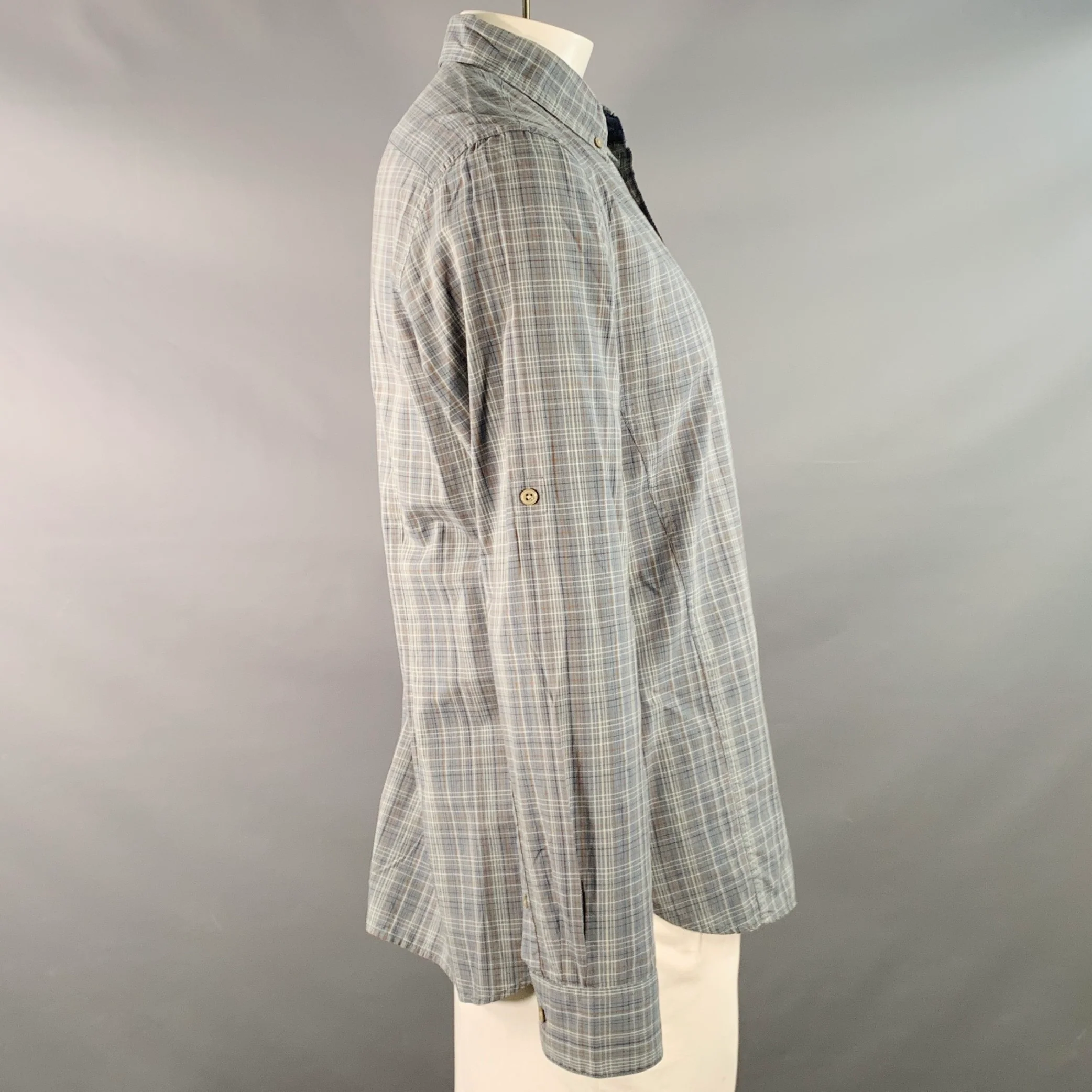 JOHN VARVATOS * U.S.A. Size L Blue Brown White Plaid Cotton Button Down Collar Roll Tab Long Sleeve Shirt - Image 3