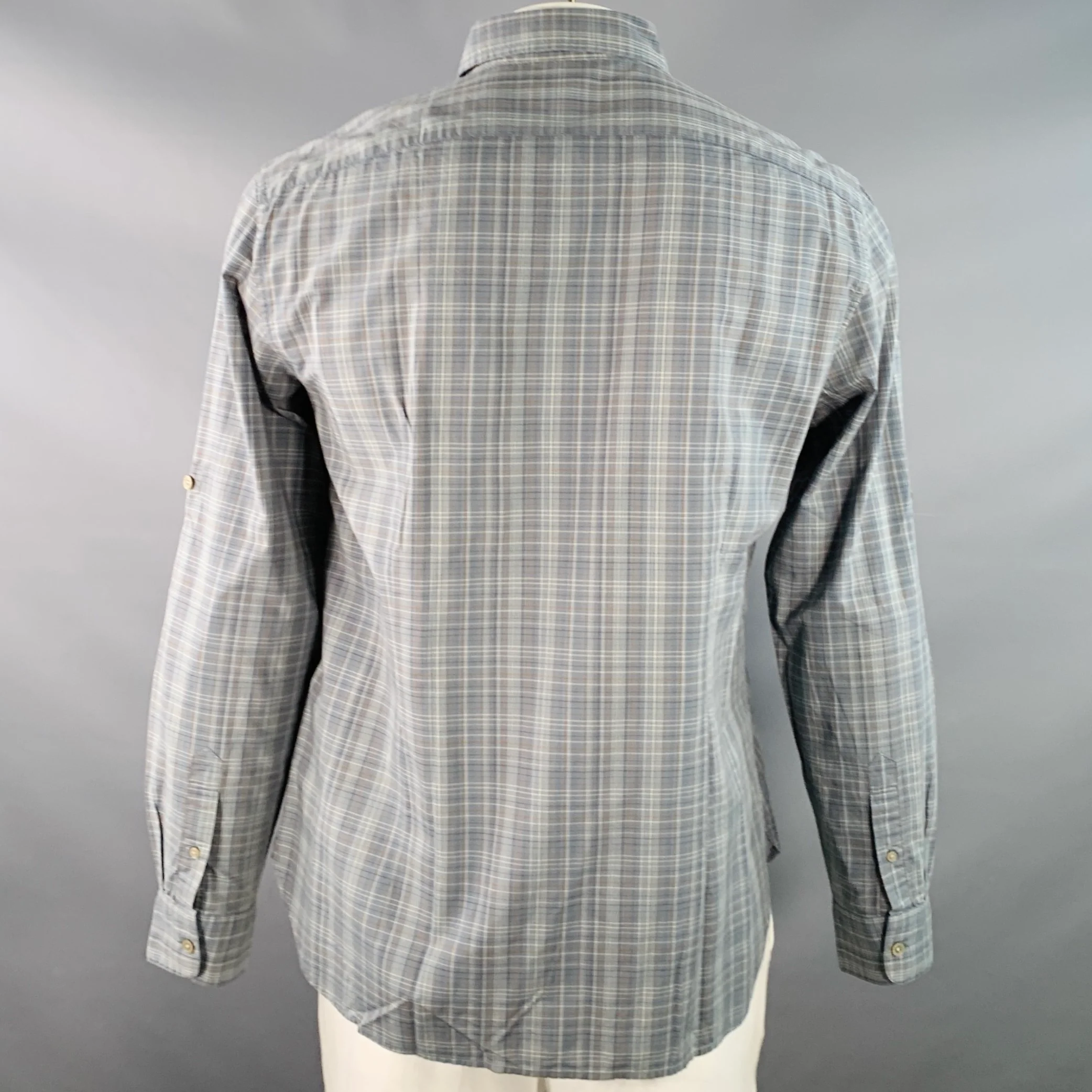 JOHN VARVATOS * U.S.A. Size L Blue Brown White Plaid Cotton Button Down Collar Roll Tab Long Sleeve Shirt - Image 4