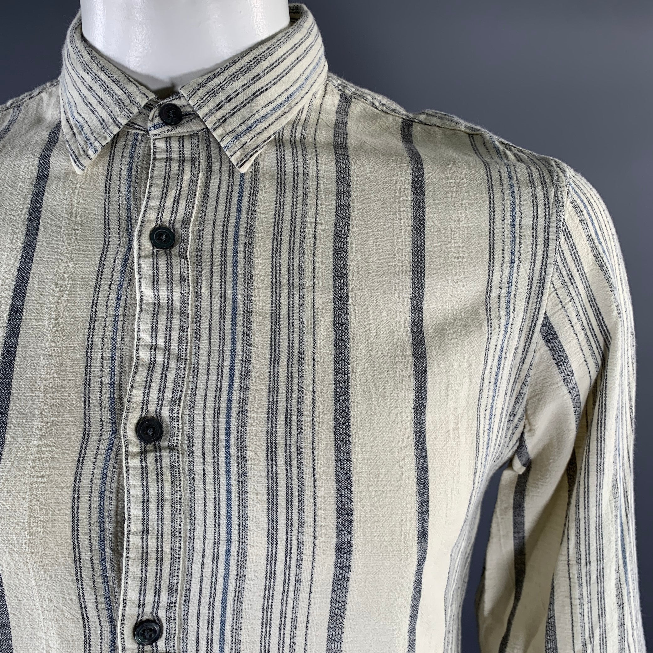 JOHN VARVATOS U.S.A. Size L Cream Blue Stripe Cotton Long Sleeve Shirt - Image 2