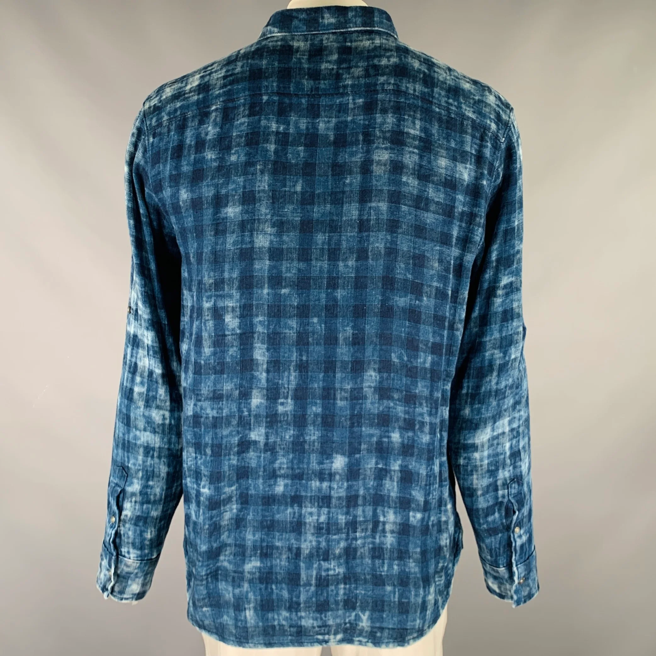 JOHN VARVATOS * U.S.A. Size XL Navy Blue Checkered Cotton Long Sleeve Shirt - Image 4