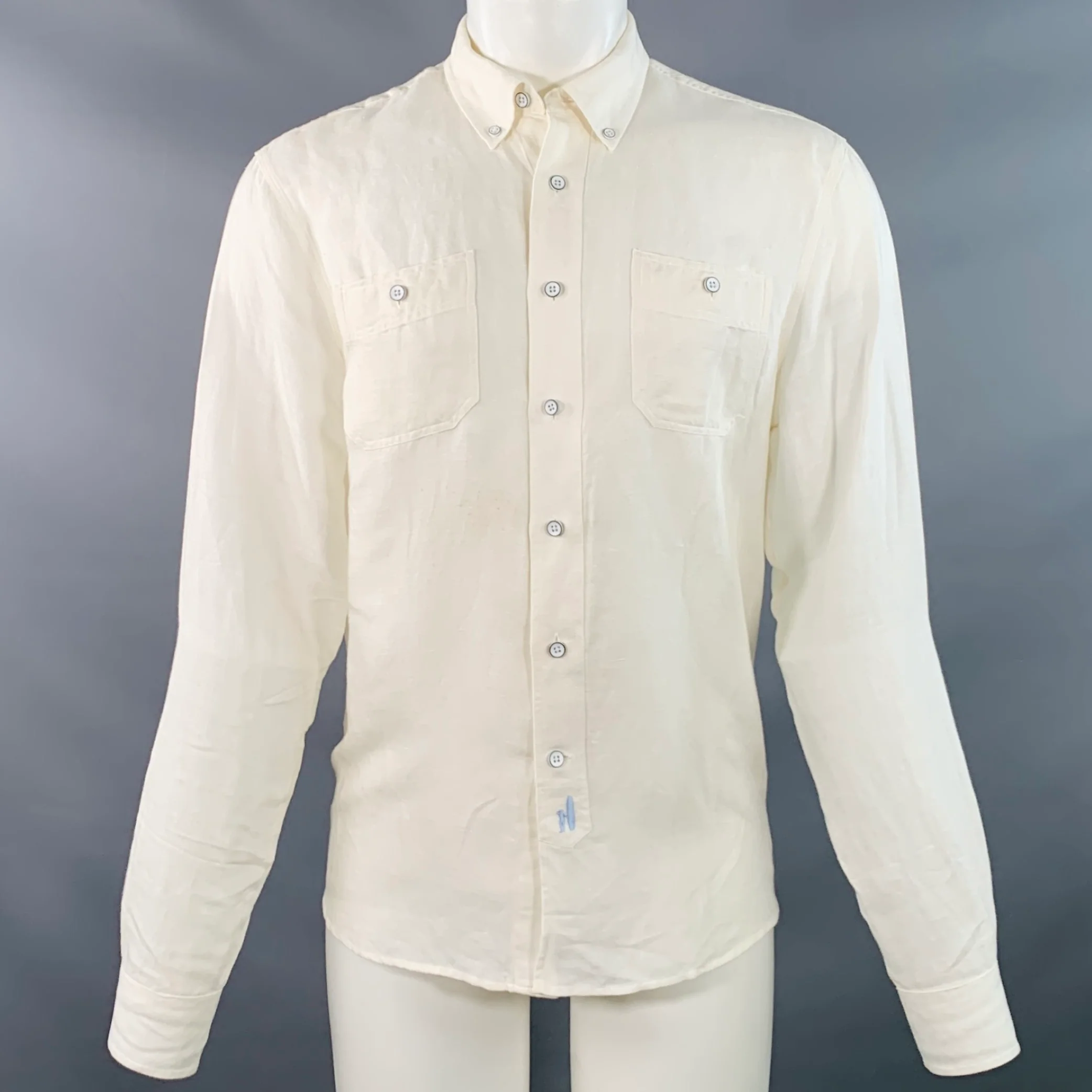 JOHNNIE-O Size M Cream Linen Blend Button Down Collar Two Pockets Long Sleeve Shirt