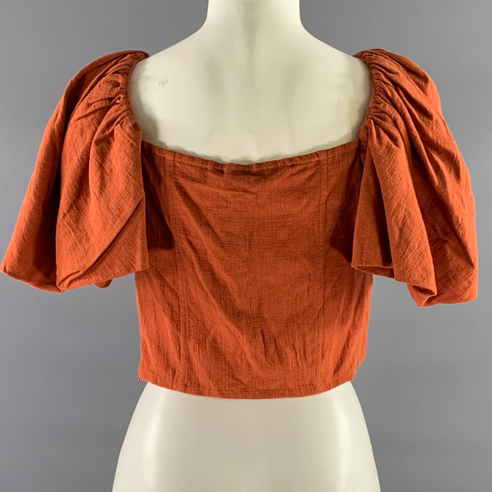 JONATHAN SIMKHAI Size 8 Orange Rust Linen Cotton Ruffle Shoulder Cropped Top - Image 4