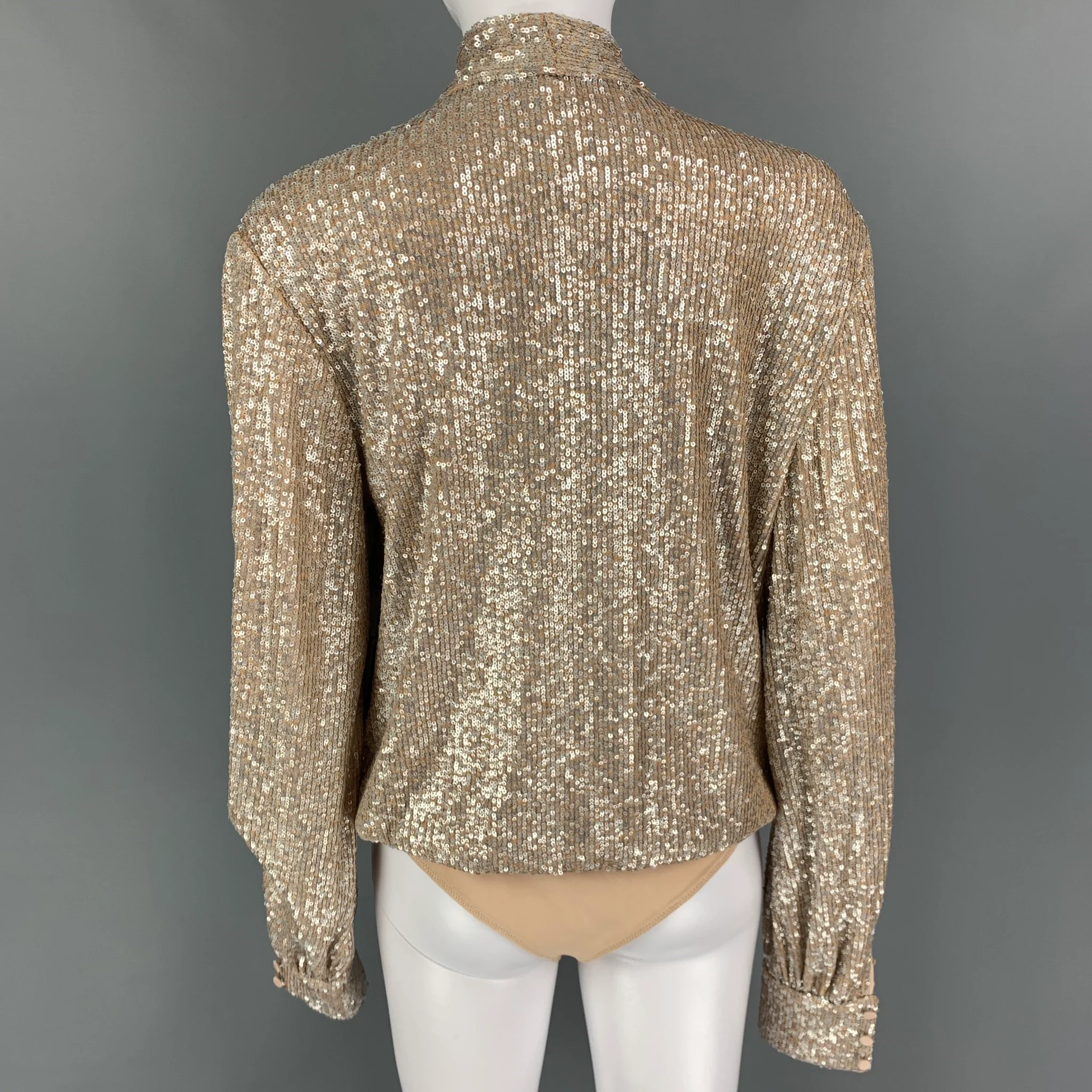 JONATHAN SIMKHAI Size L Champagne Polyester Sequined Bodysuit Shirt - Image 3