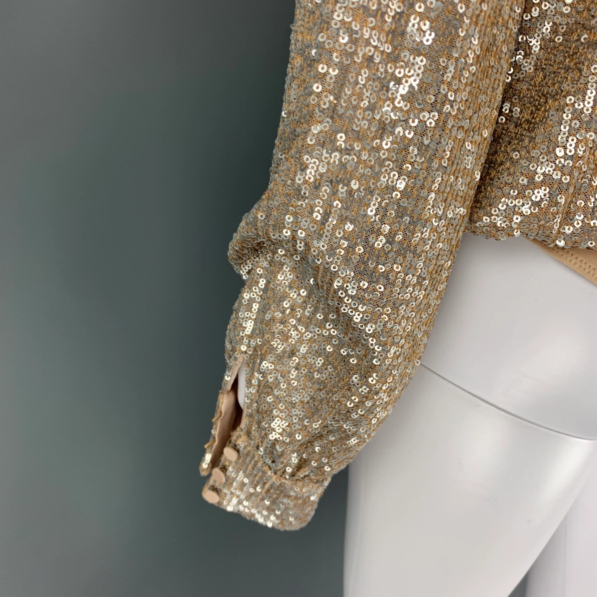 JONATHAN SIMKHAI Size L Champagne Polyester Sequined Bodysuit Shirt - Image 4