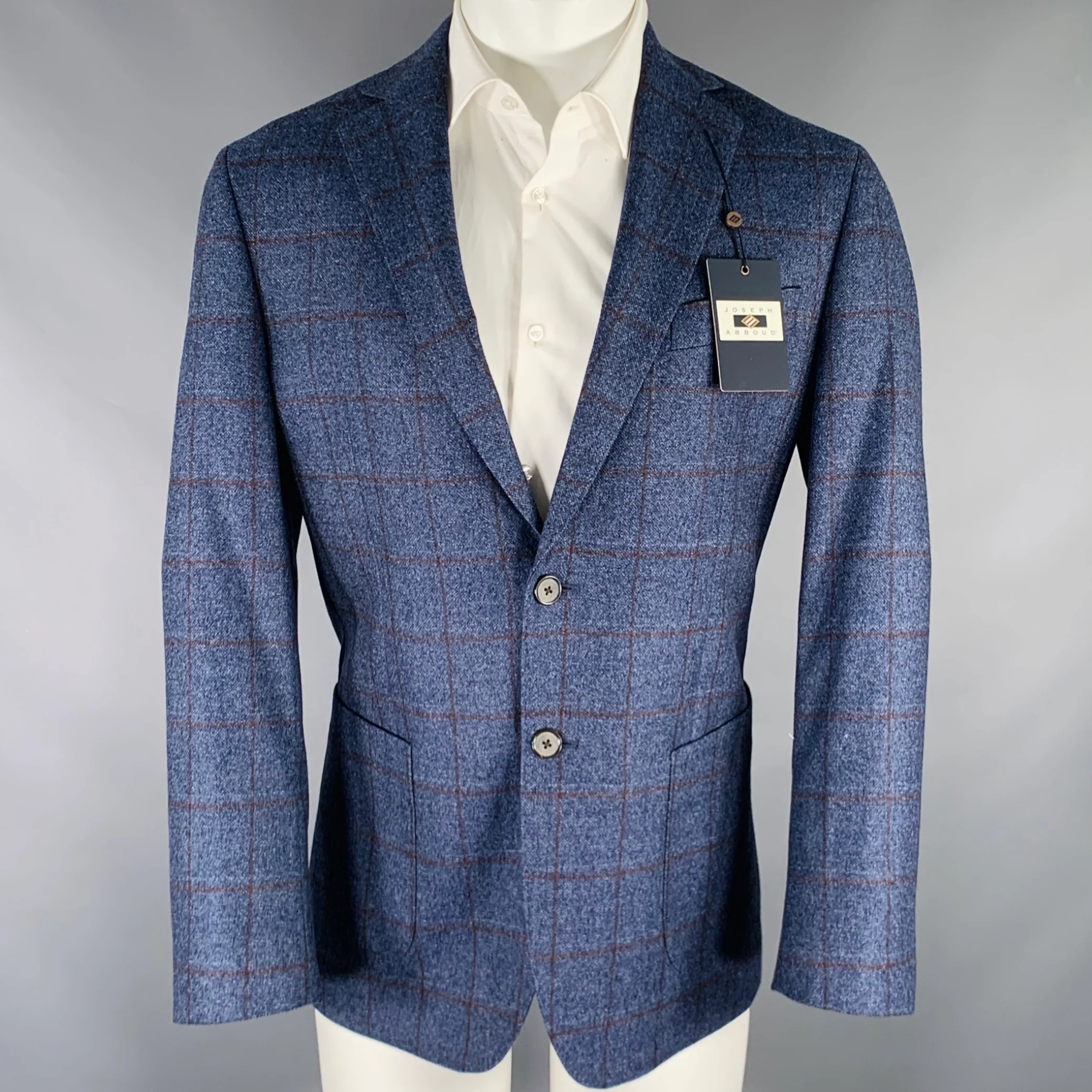 JOSEPH ABBOUD Size 40 Blue Brown Window Pane Wool Sport Coat