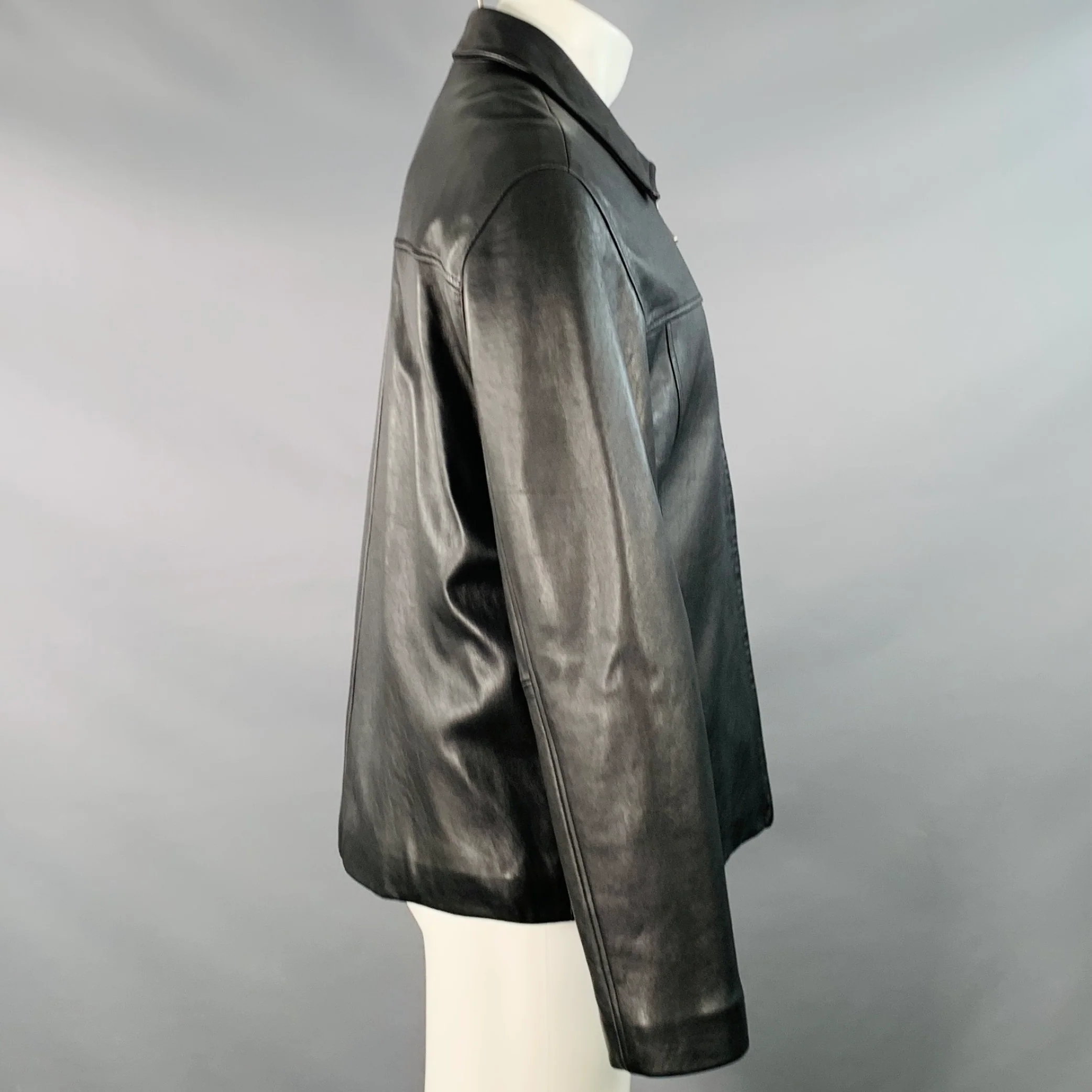JOSEPH ABBOUD Size M Black Leather Spread Collar Zip Up Jacket - Image 2