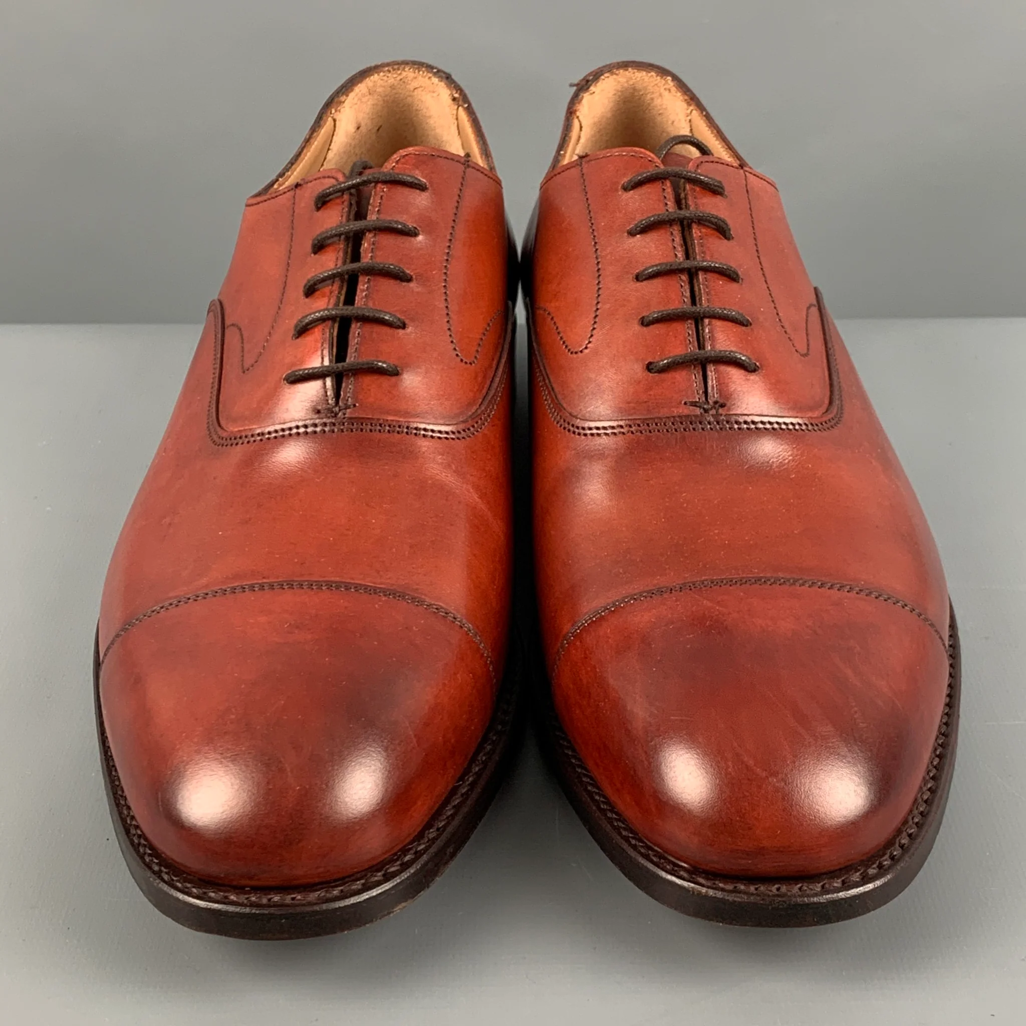 JOSEPH CHEANEY Size 10.5 Burgundy Solid Leather Cap Toe Lace Up Shoes - Image 4