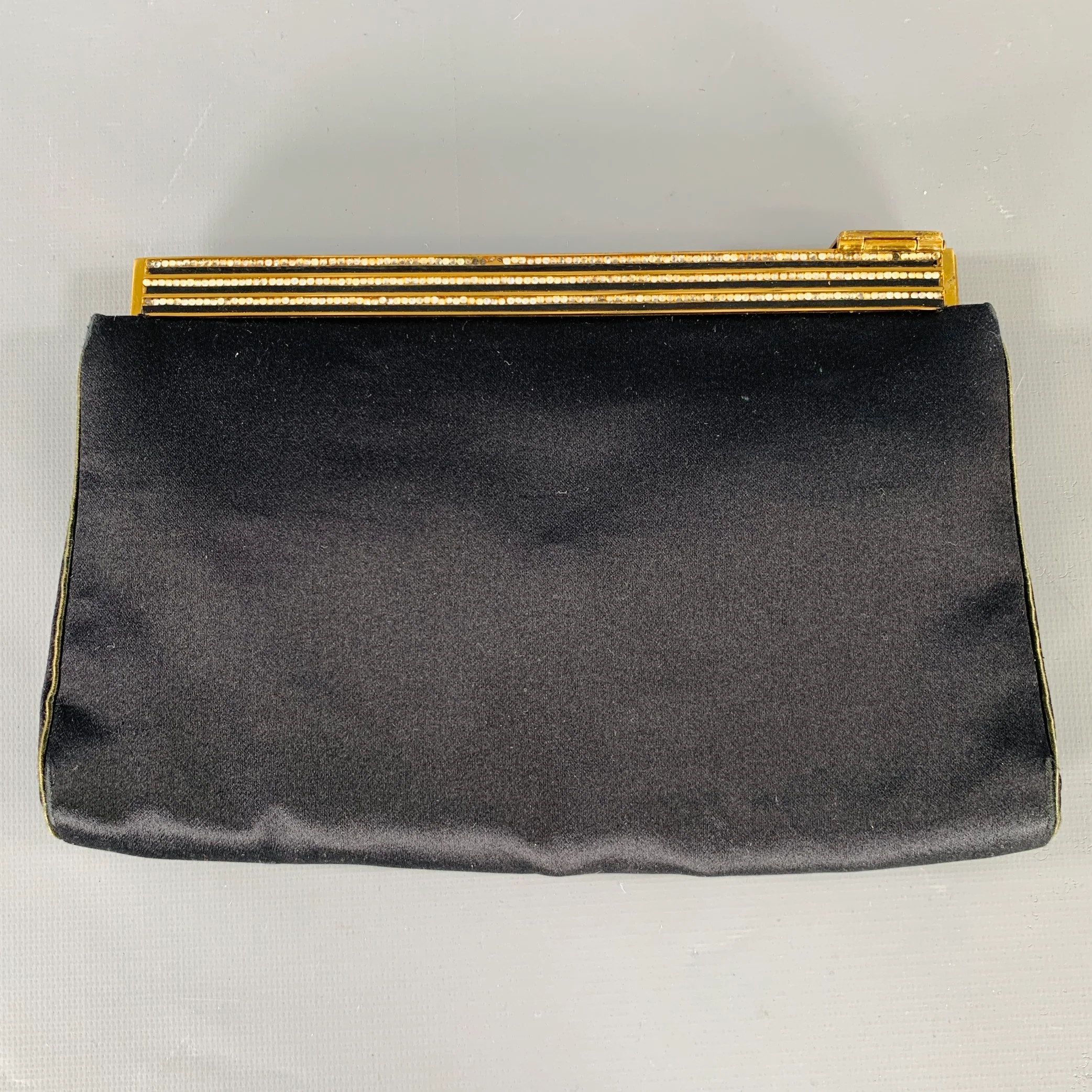 JUDITH LEIBER Black Gold Silk Rhinestones Clutch Handbag - Image 2