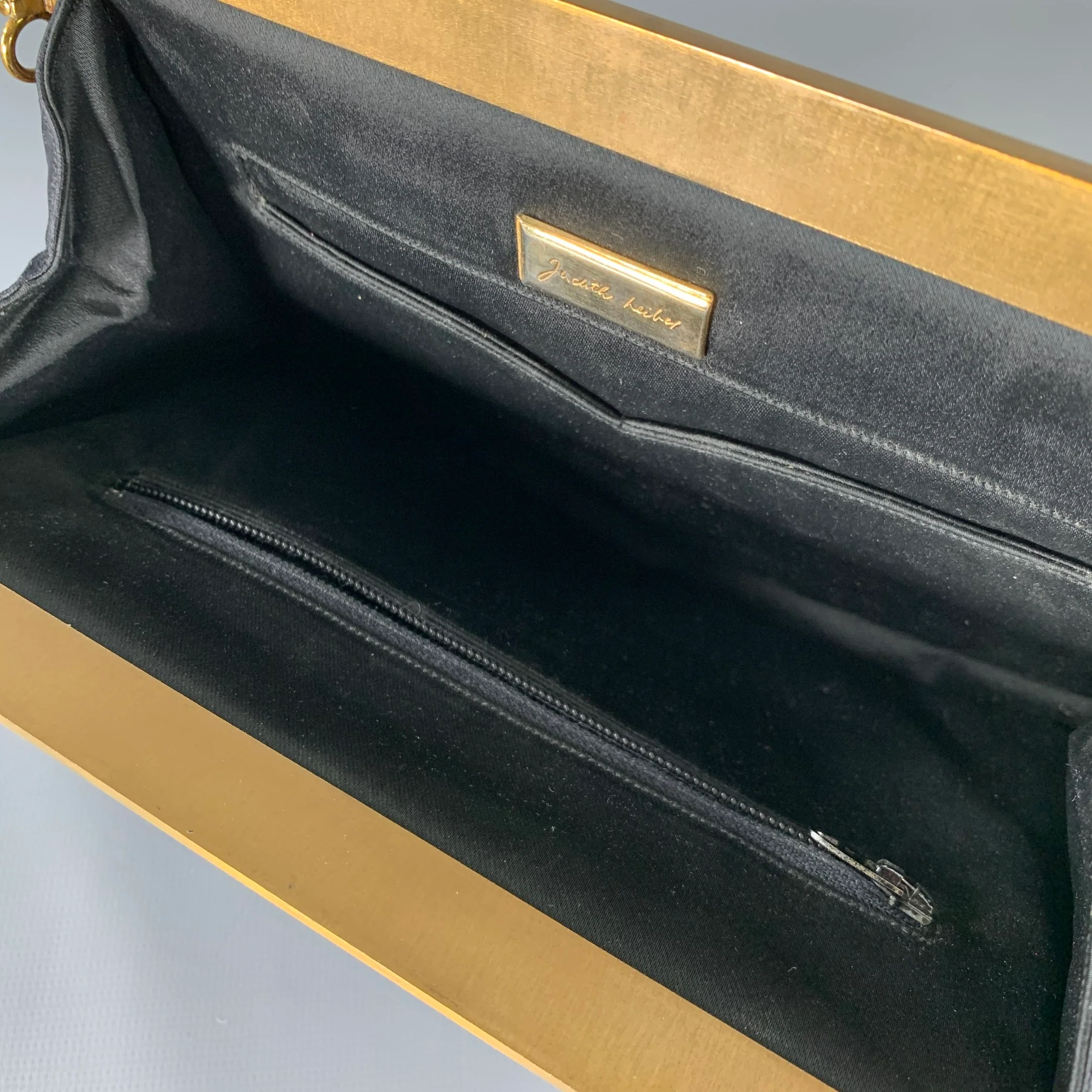 JUDITH LEIBER Black Gold Silk Rhinestones Clutch Handbag - Image 3