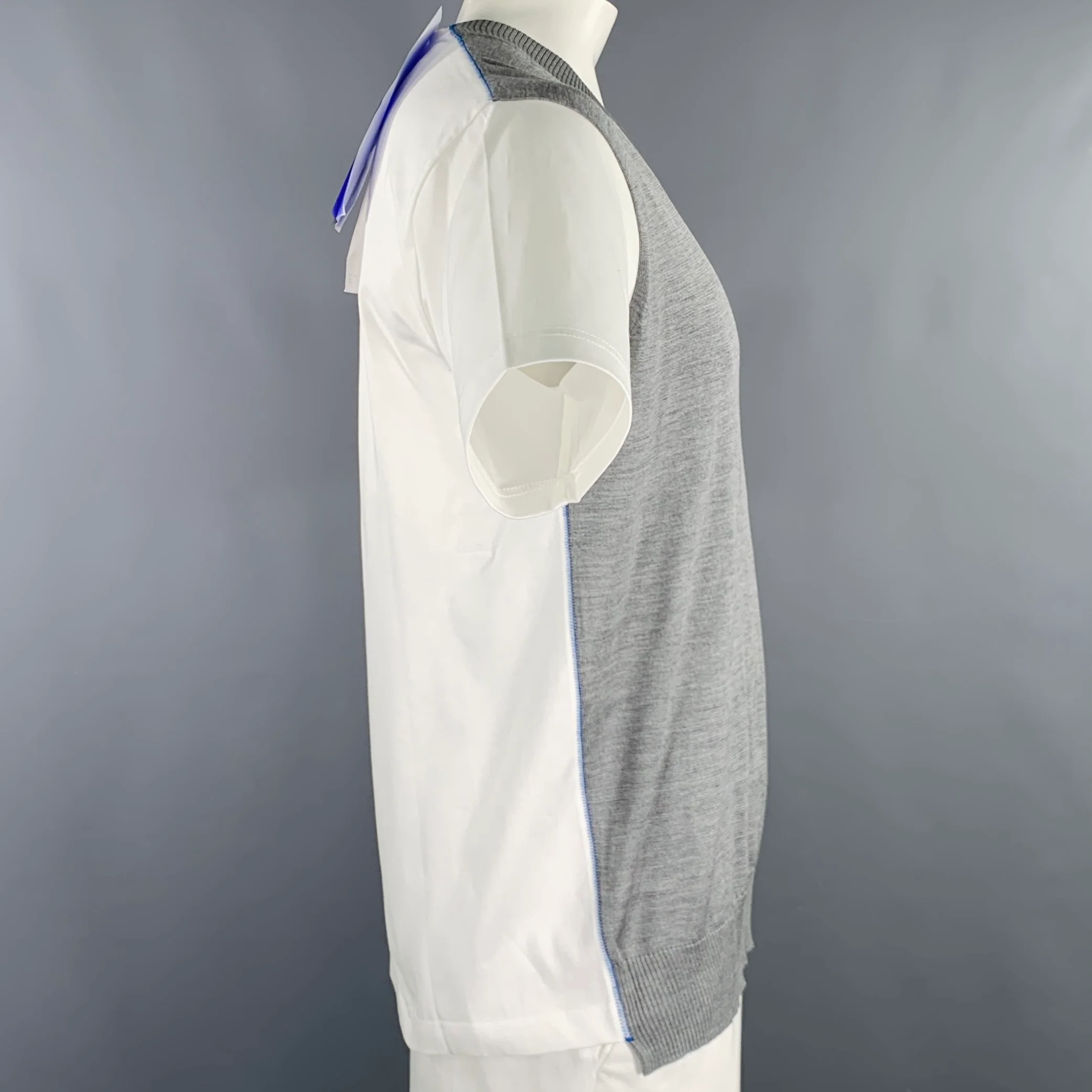JUNYA WATANABE 2019 Size L White Grey Mixed Materials Silk Cotton V-Neck T-shirt - Image 2
