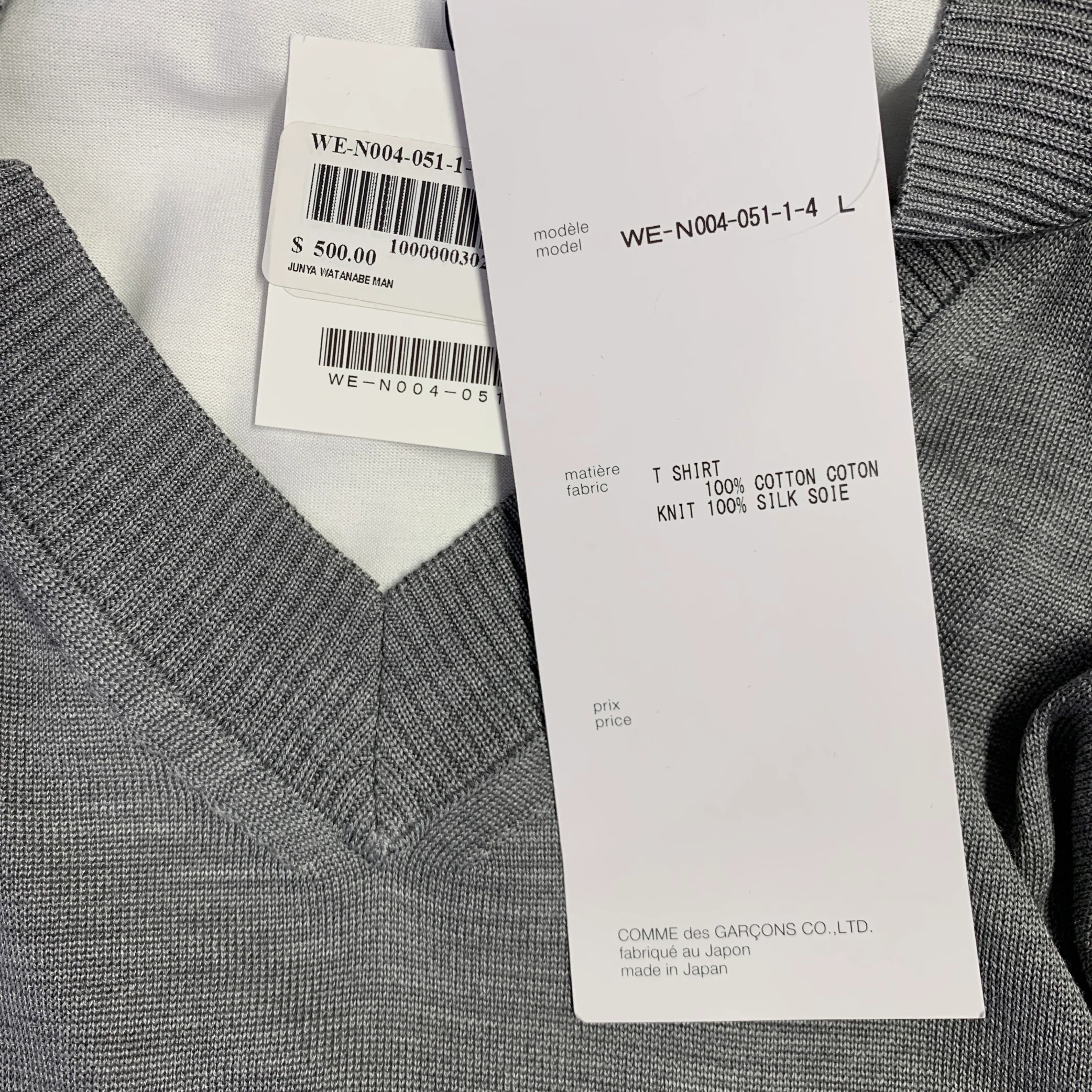 JUNYA WATANABE 2019 Size L White Grey Mixed Materials Silk Cotton V-Neck T-shirt - Image 5