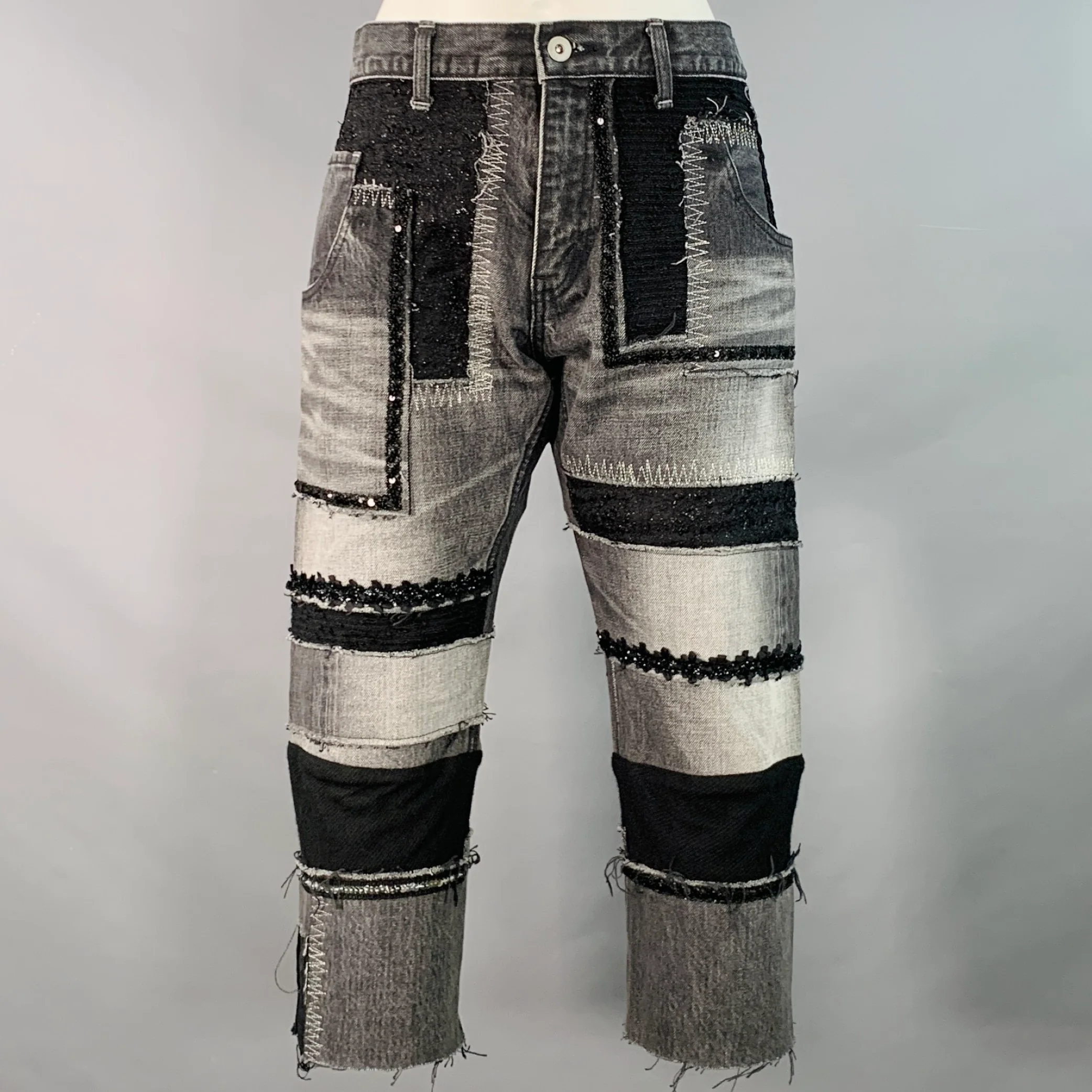JUNYA WATANABE Size M Black Grey Selvedge Denim Patchwork Distressed Jeans