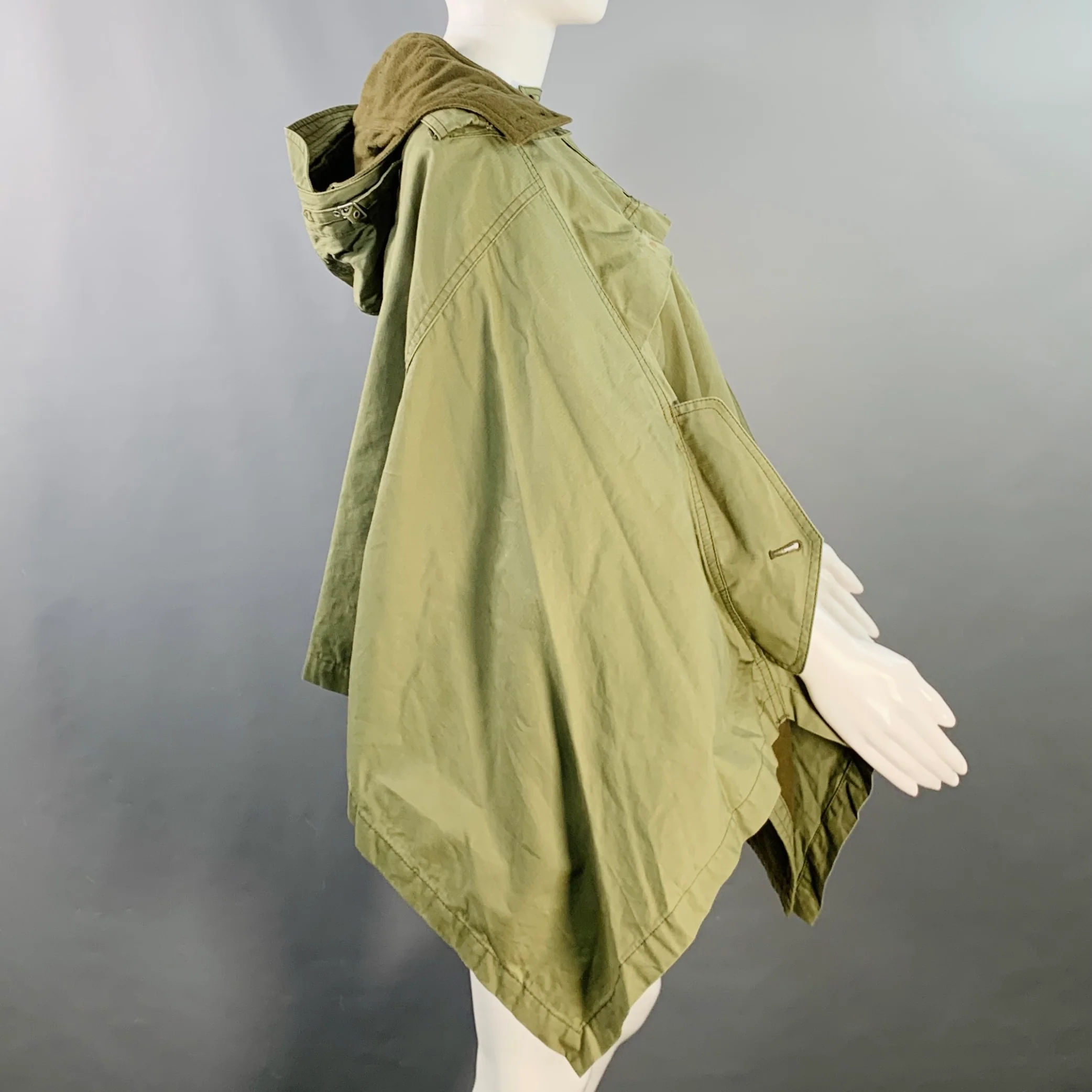 JUNYA WATANABE Size M Olive Green Cotton Herringbone Poncho Coat - Image 4