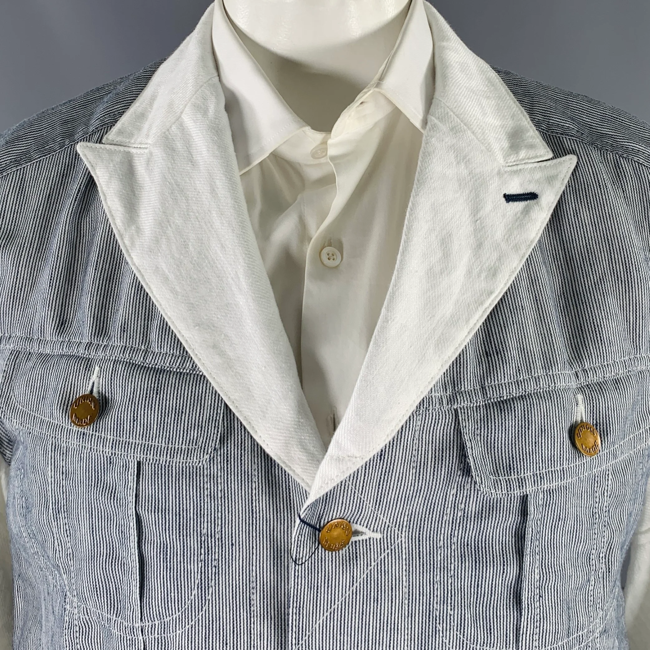 JUNYA WATANABE Size XL White Indigo Pinstripe Linen Cotton Sport Coat - Image 2