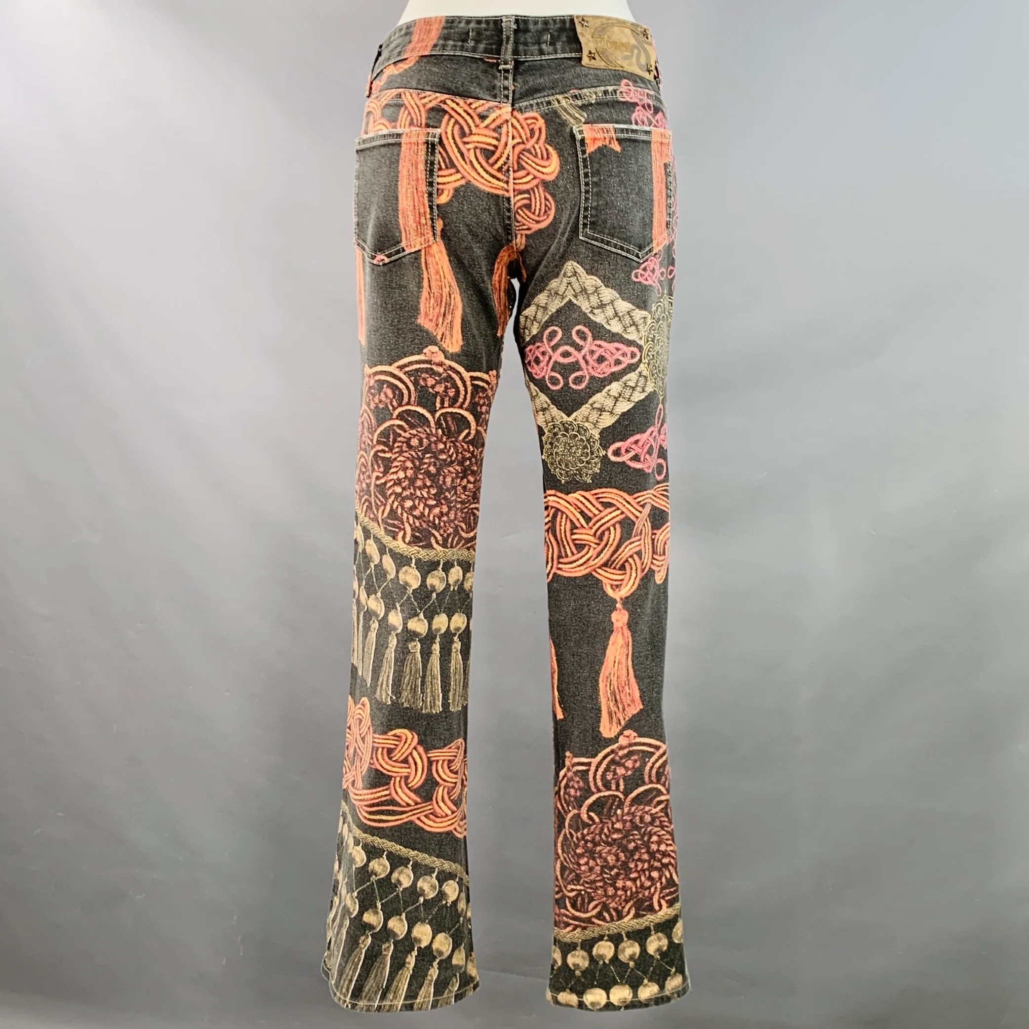 JUST CAVALLI Size 27 Grey Pink Gold Cotton Blend Abstract Tassels Jeans - Image 3
