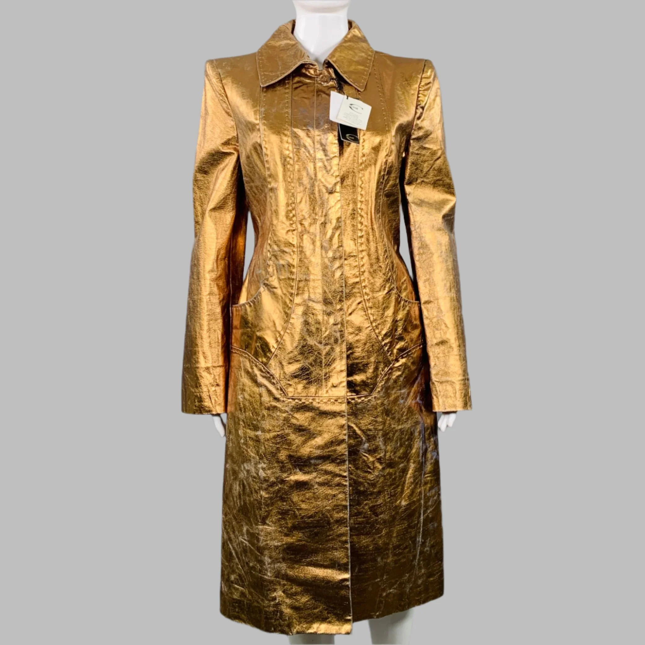 JUST CAVALLI Size 4 Gold Metallic Leather Distressed Snaps Coat