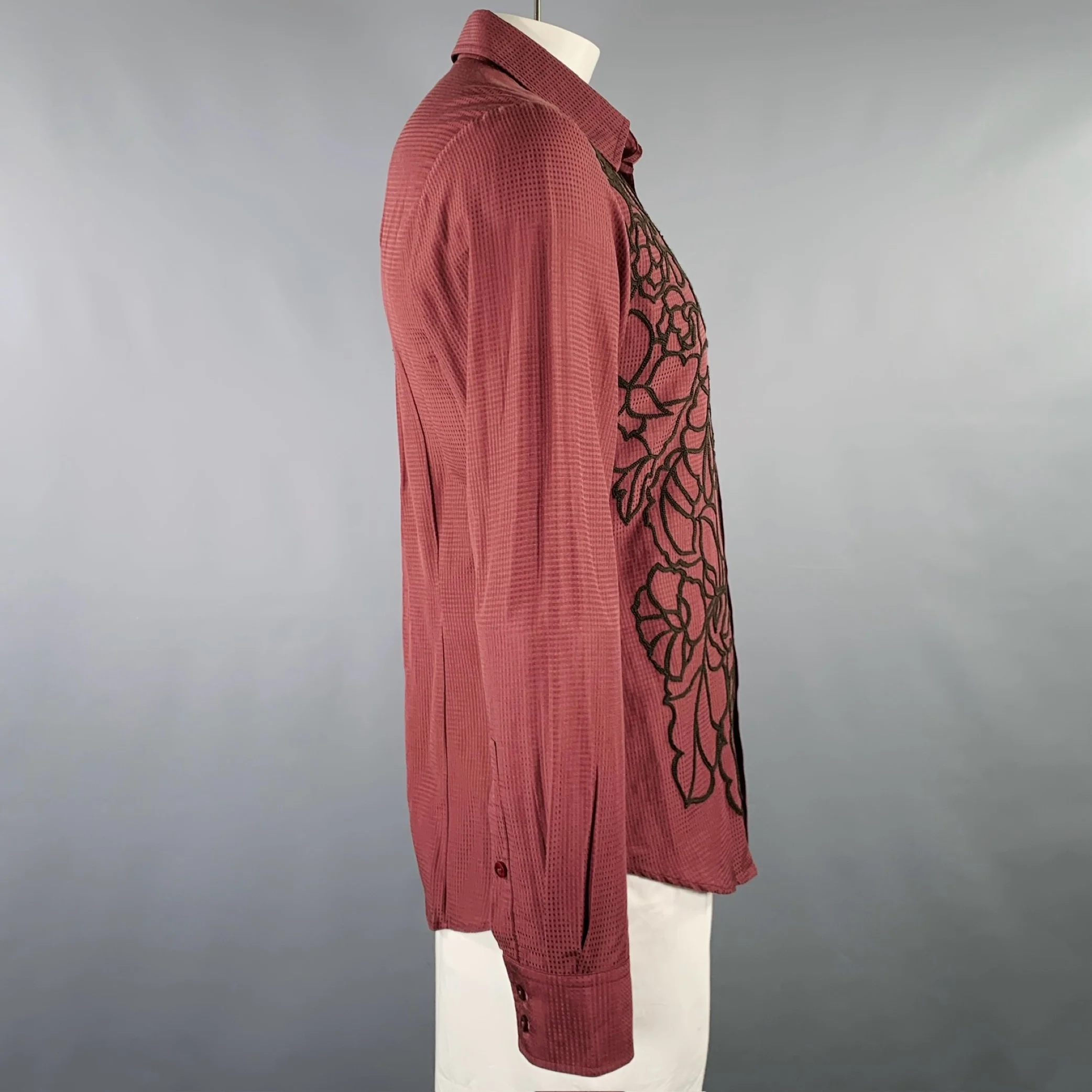 JUST CAVALLI Size L Burgundy Black Embroidery Cotton Silk Long Sleeve Shirt - Image 3