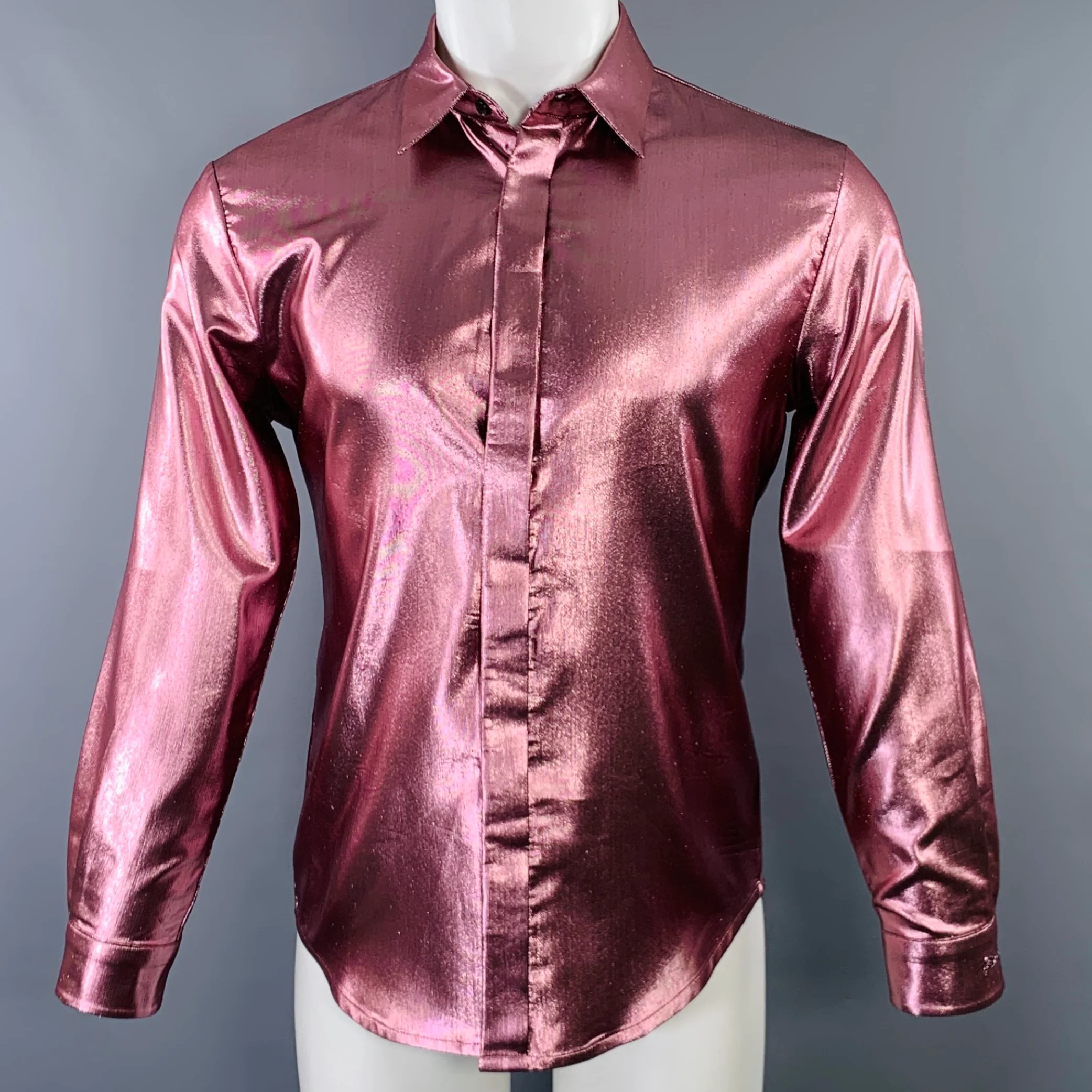 JUST CAVALLI Size S Pink Metallic Shimmery Polyester Blend Long Sleeve Shirt